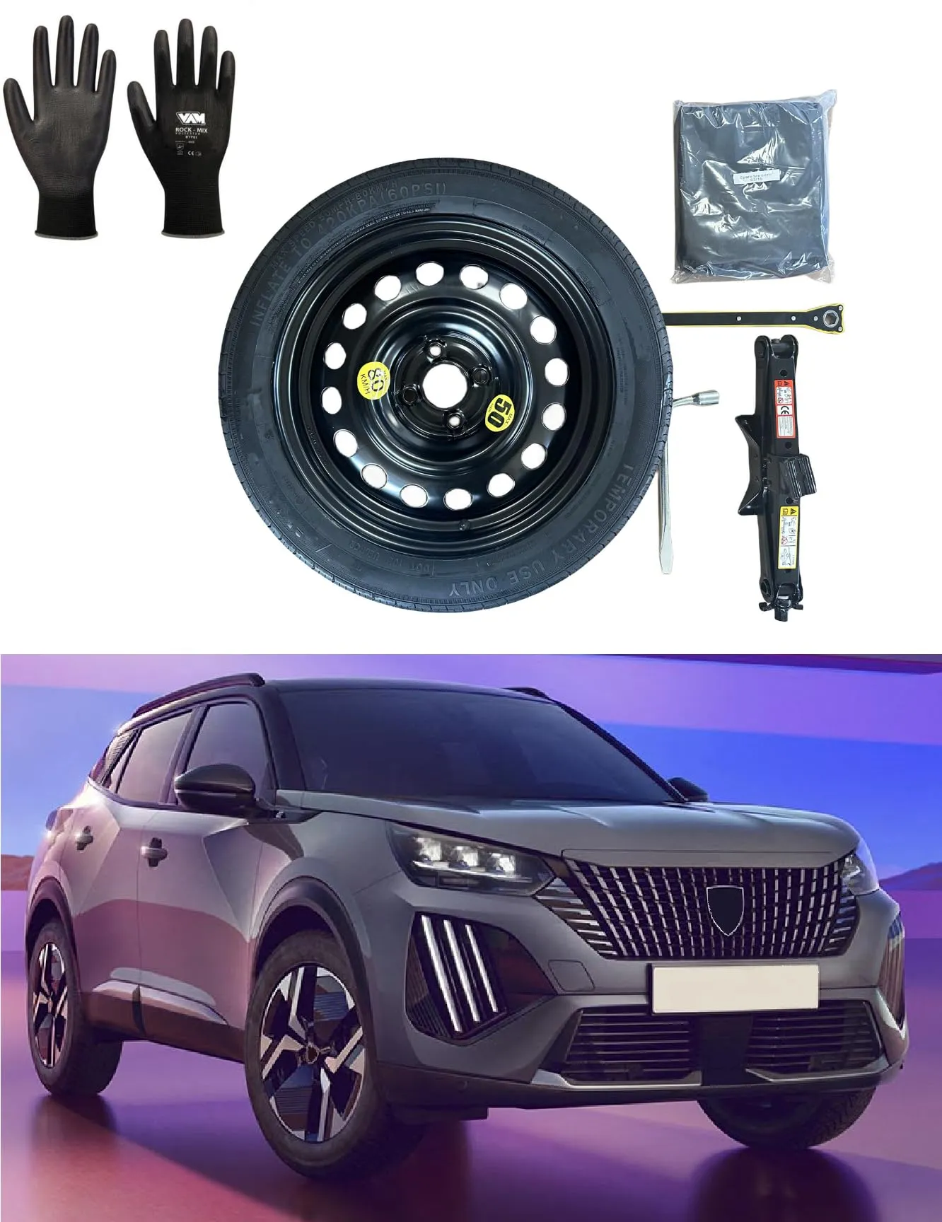 D'ANGELO 1988 Kit Ruotino di Scorta 125/85R16 per Peugeot 2008 con Cric, Chiave, Guanti e Sacca - immagine 1