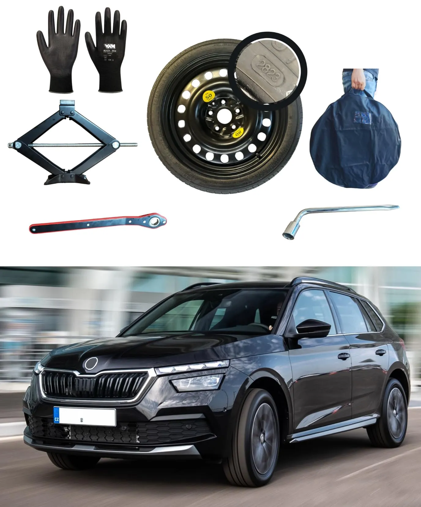 D'ANGELO 1988 Kit Ruotino di Scorta 125/80R16 per Skoda Kamiq con Cric, Chiave, Guanti e Sacca - R441 - immagine 1