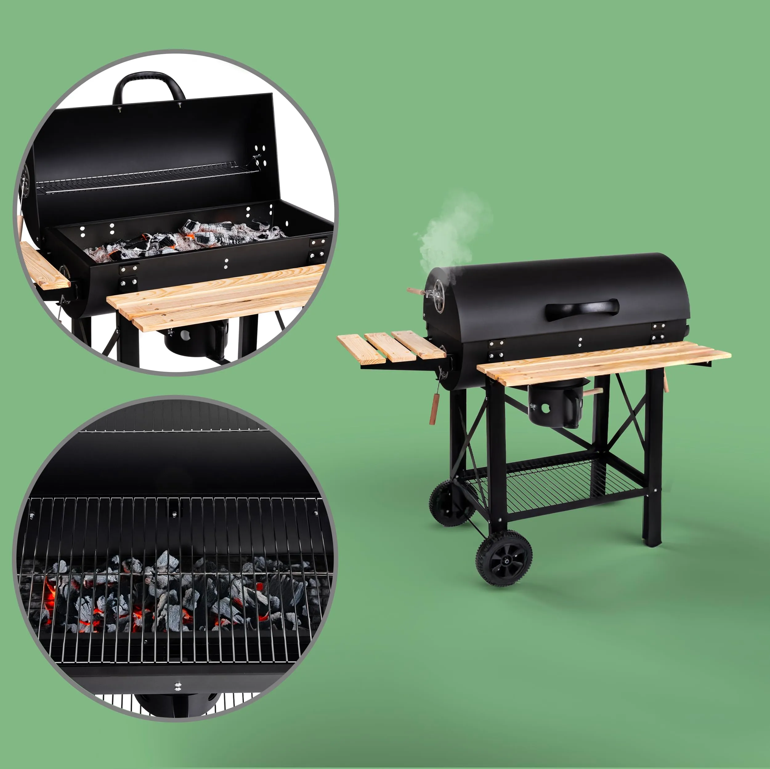 Lehmann Barbecue a Carbonella XL con Griglia, Carrello con Due Ripiani in Legno, Coperchio e Ruote, LGACG-1935 - immagine 3