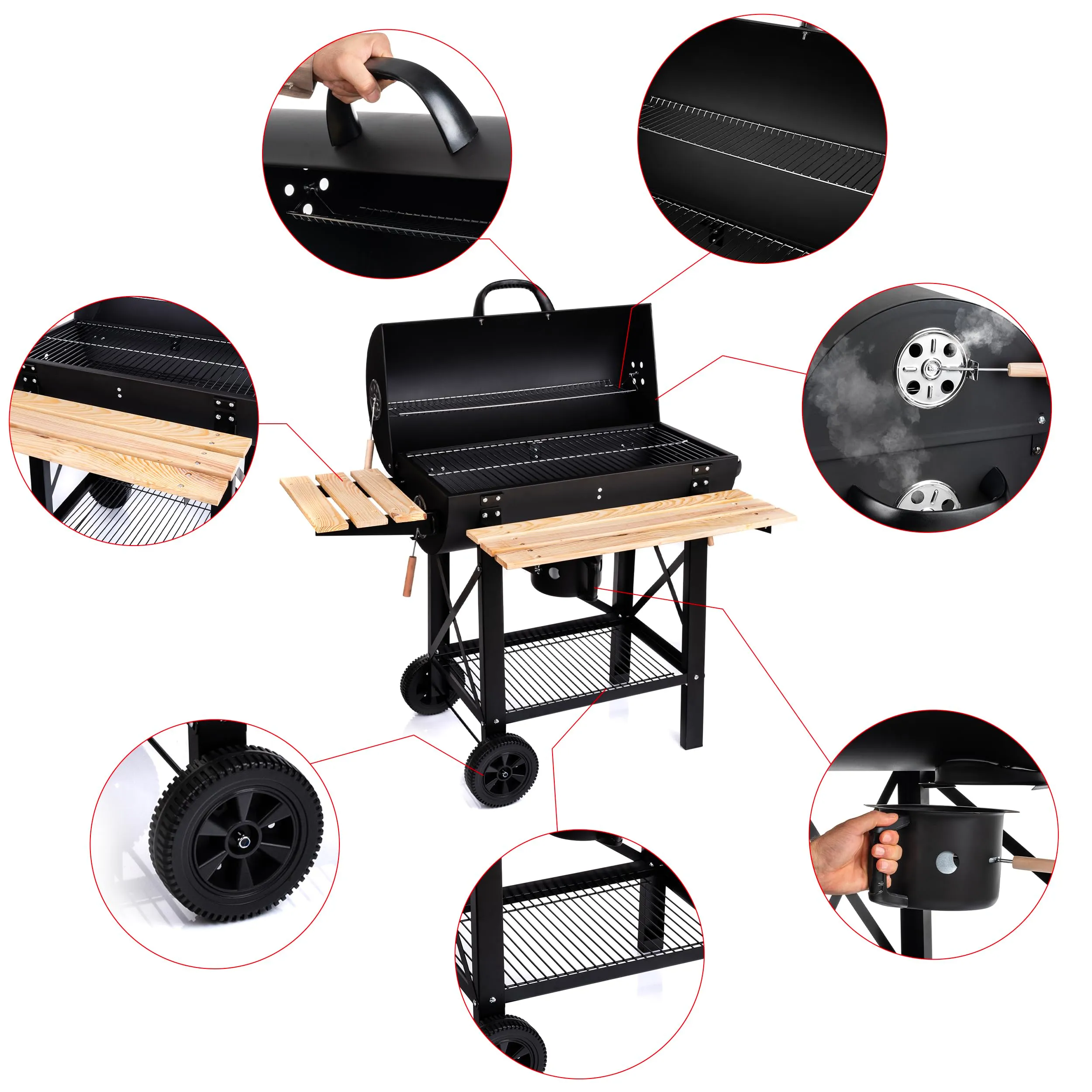 Lehmann Barbecue a Carbonella XL con Griglia, Carrello con Due Ripiani in Legno, Coperchio e Ruote, LGACG-1935 - immagine 5