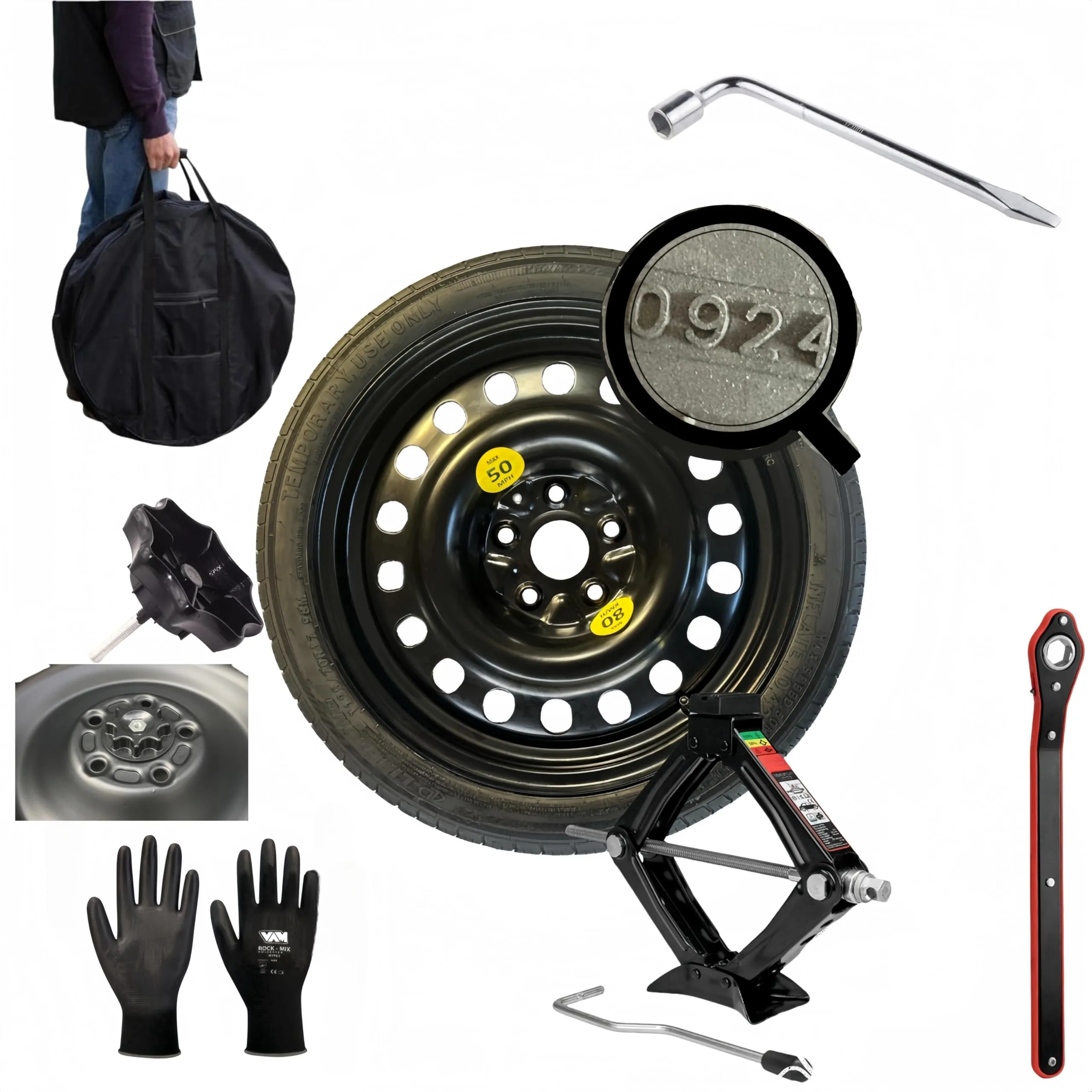 D'ANGELO 1988 Kit Ruotino di Scorta 125/80R17 per Suzuki Vitara con Cric, Chiave, Vite, Guanti e Sacca - immagine 1