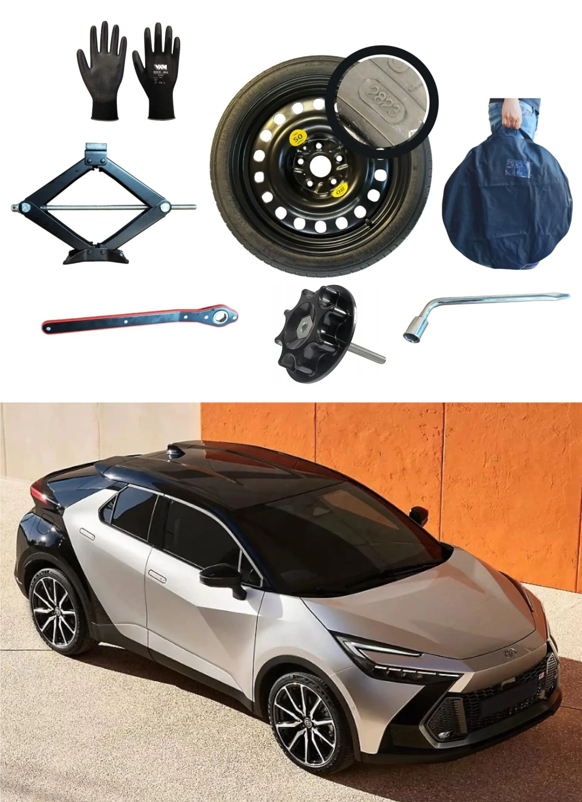 D'ANGELO 1988 Kit Ruotino di Scorta 125/70R18 per Toyota C-HR con Cric, Chiave, Vite, Guanti e Sacca - R617F - immagine 1