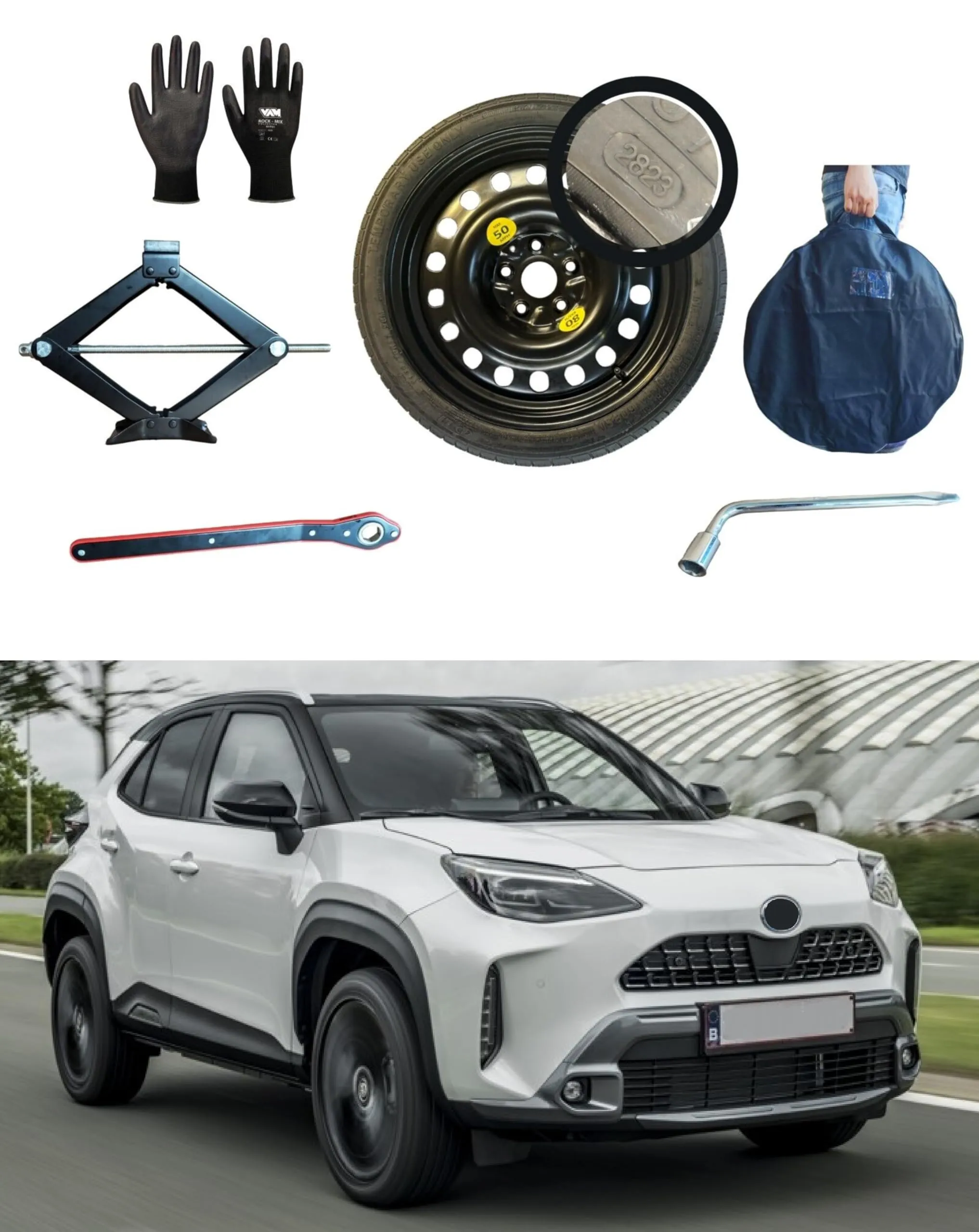 D'ANGELO 1988 Kit Ruotino di Scorta 16" per Toyota Yaris Cross con Cric, Chiave, Guanti e Sacca, 145/90R16 - immagine 1