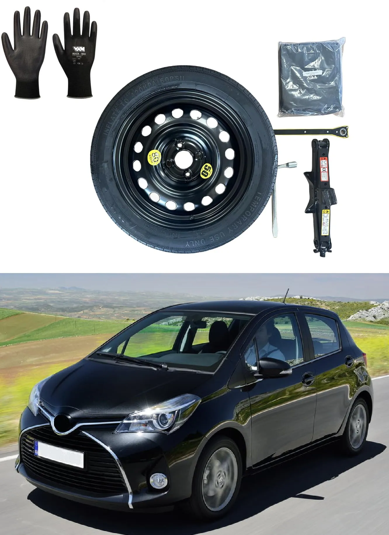 D'ANGELO 1988 Kit Ruotino di Scorta 16" 125/80R16 per Toyota Yaris (1999-2019) 4 Fori con Cric, Chiave, Guanti e Sacca - R510 - immagine 1