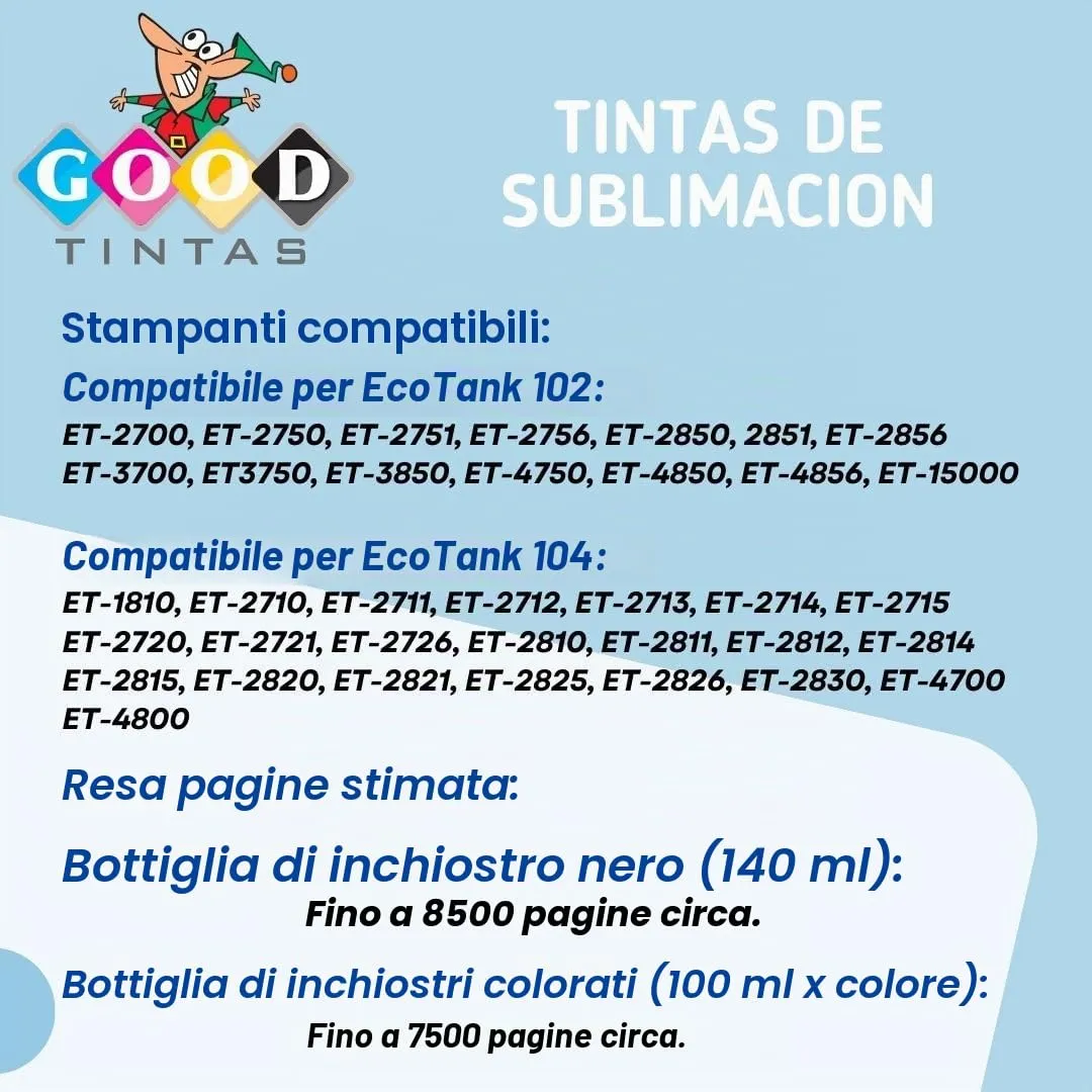 GOODTINTAS Inchiostro a Sublimazione 440 ml per Epson Ecotank Serie 102 104 (Nero 140ml, Ciano, Magenta, Giallo 100ml) - immagine 2
