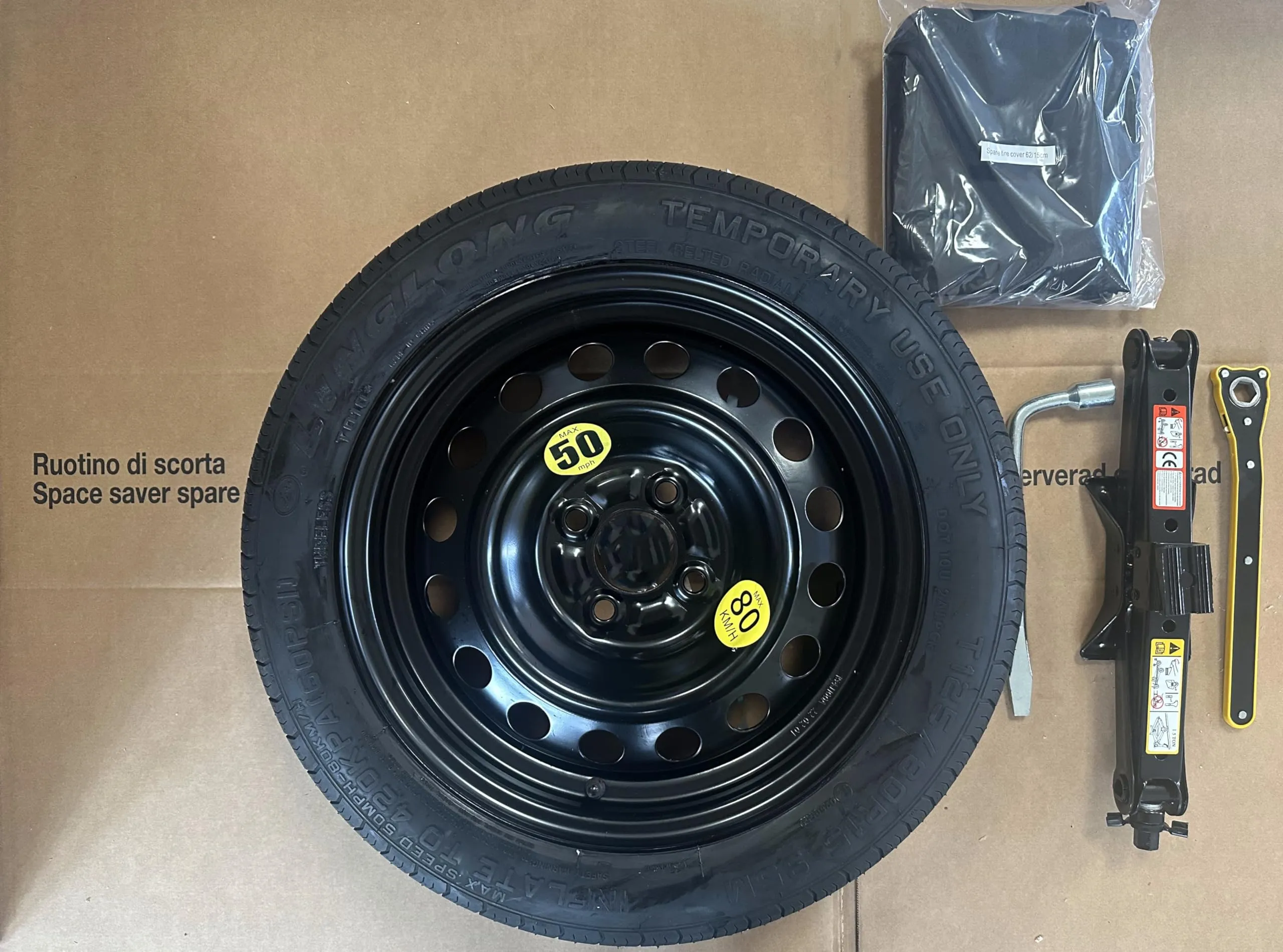 D'ANGELO 1988 Kit Ruotino di Scorta 125/80R15 per Fiat Panda e Panda Cross con Cric, Chiave, Vite, Guanti e Sacca - immagine 7