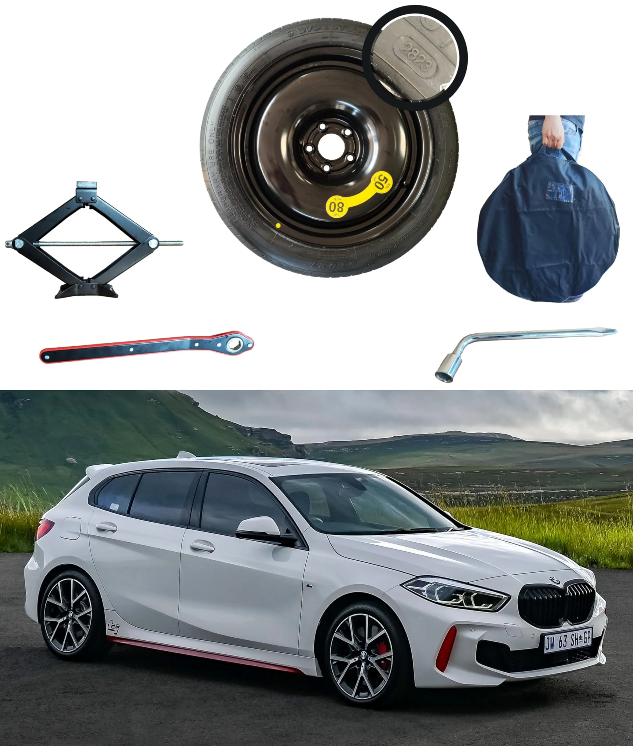 D'ANGELO 1988 Kit Ruotino di Scorta 17" 125/70R17 per BMW Serie 1 F40 - F70 (09/2019>) con Cric, Chiave e Sacca (non compatibile con freni M-Sport) - immagine 1