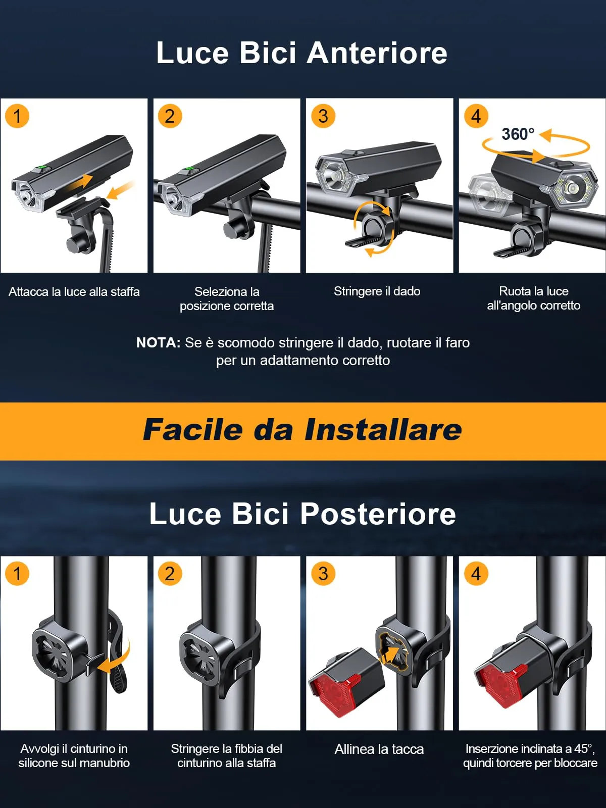 Glangeh Luci Bicicletta LED con Luce Laterale, Nero, Z46 - immagine 7