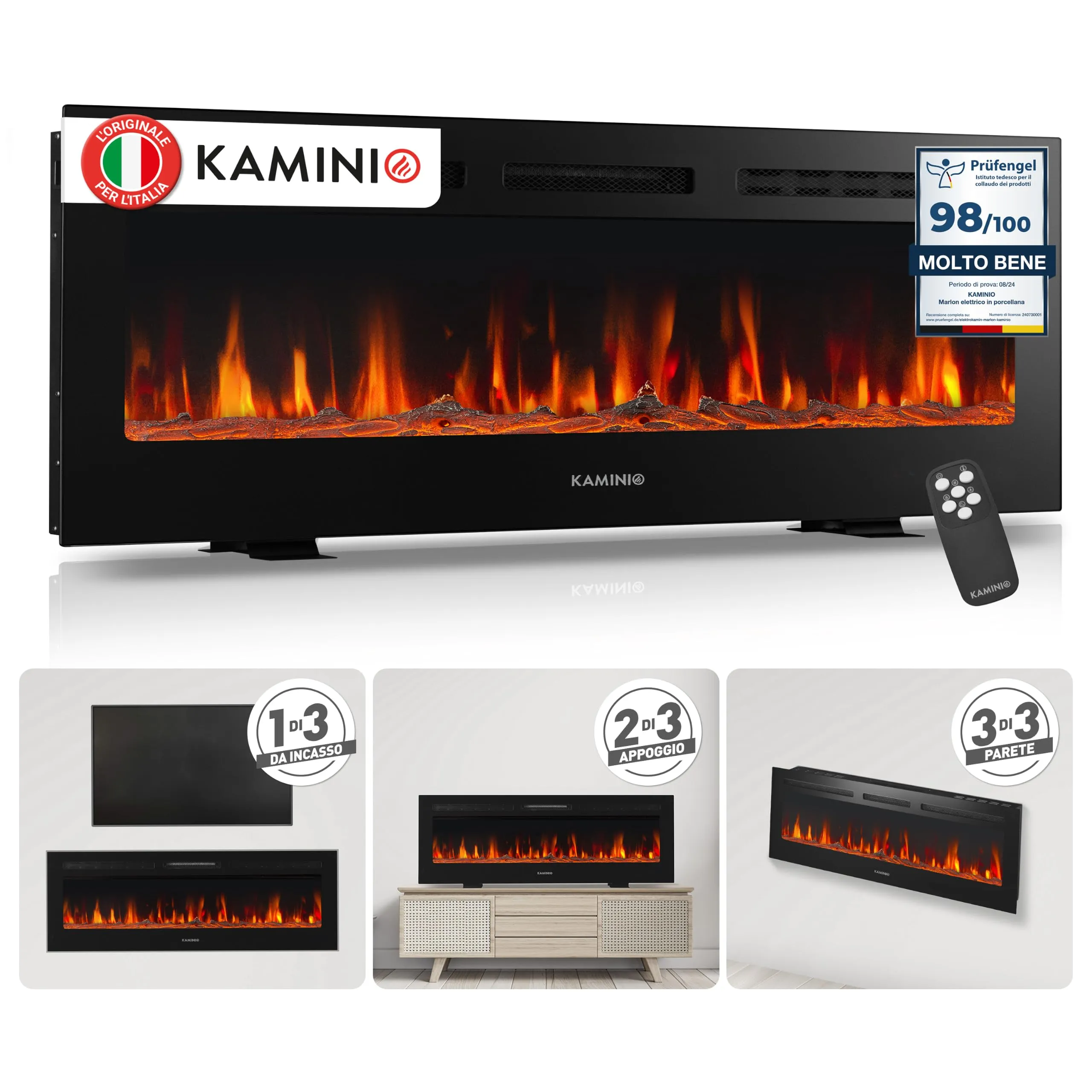 KAMINIO Marlon PRO 50 Camino Elettrico da Incasso, Parete o Appoggio, Nero - immagine 1