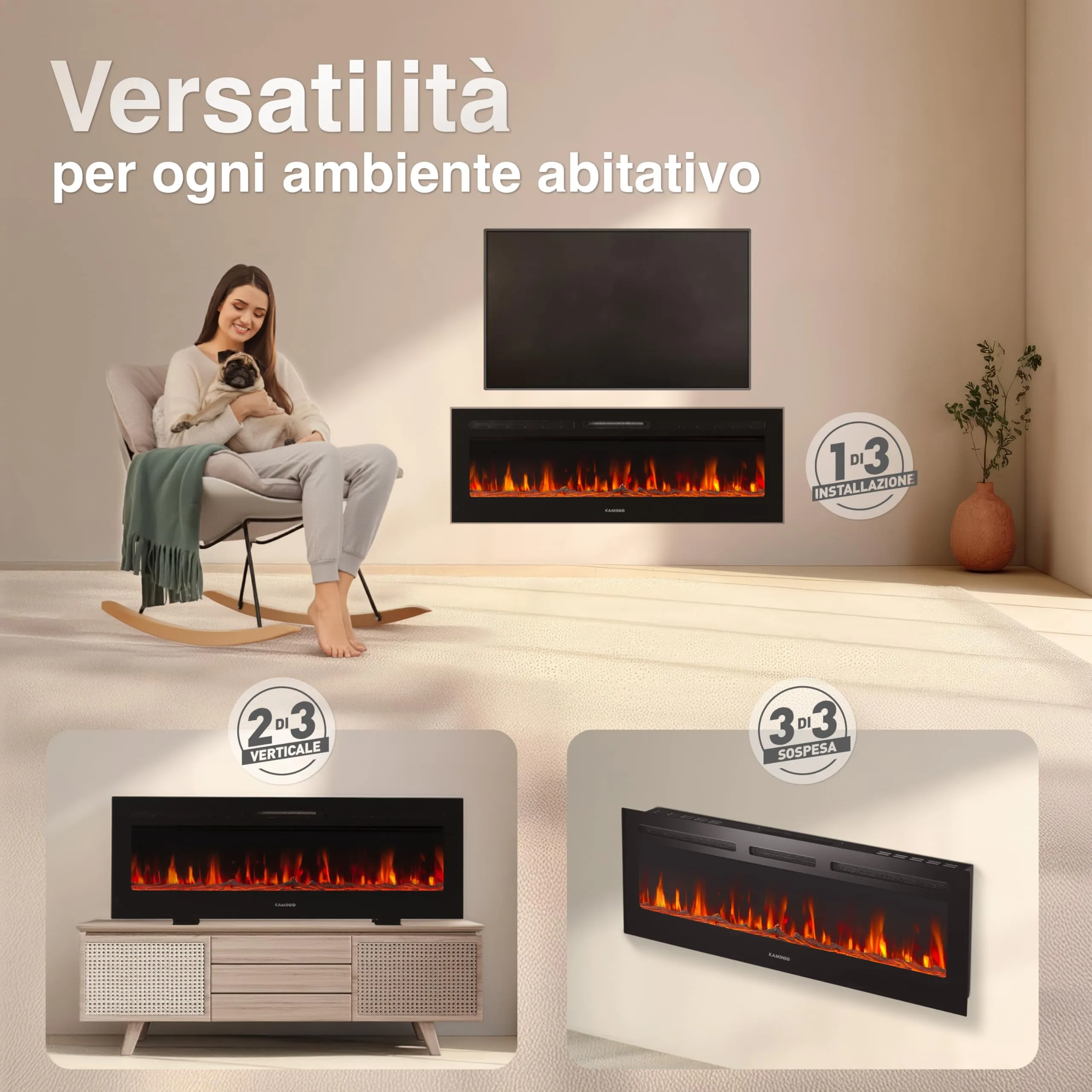 KAMINIO Marlon PRO 50 Camino Elettrico da Incasso, Parete o Appoggio, Nero - immagine 2