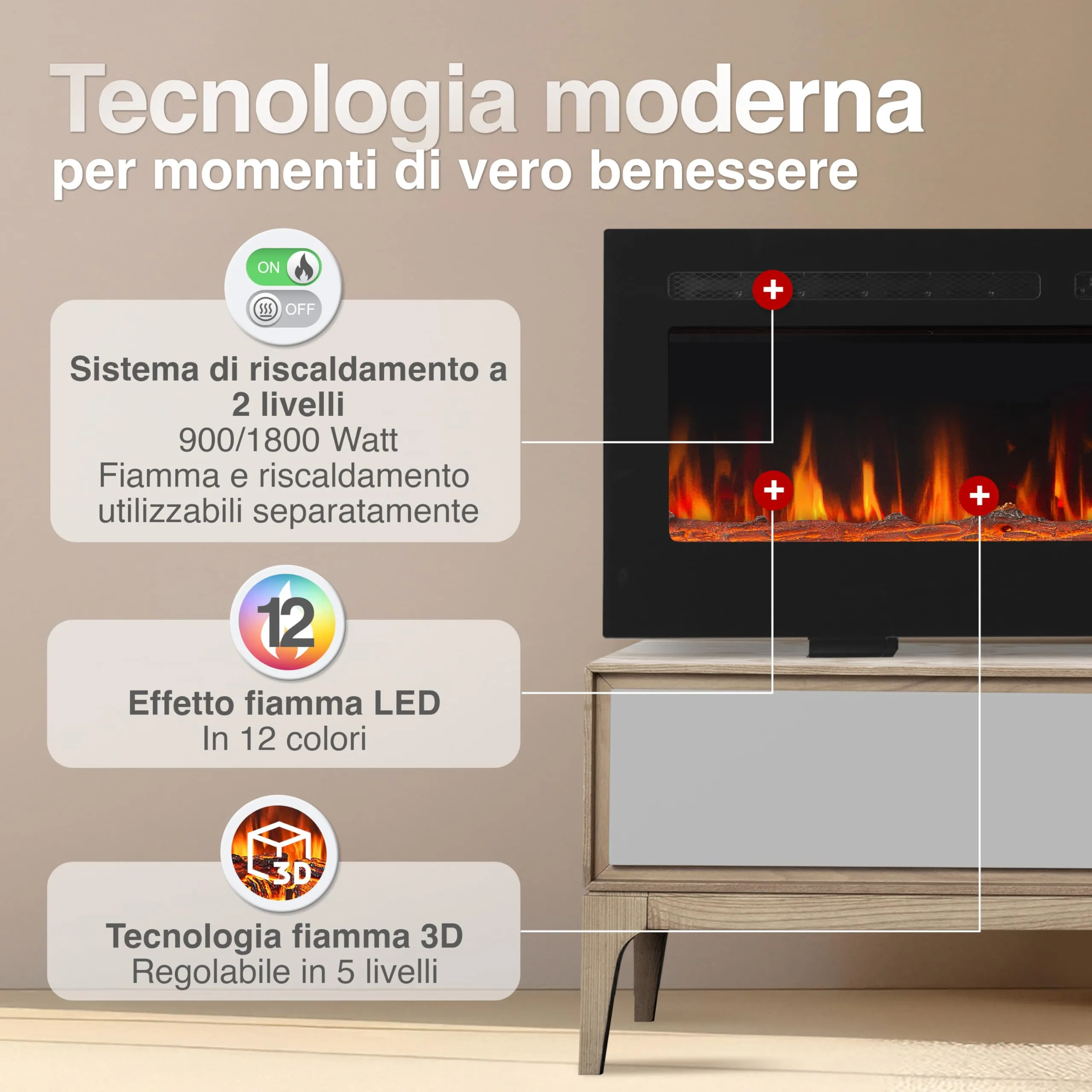 KAMINIO Marlon PRO 50 Camino Elettrico da Incasso, Parete o Appoggio, Nero - immagine 3