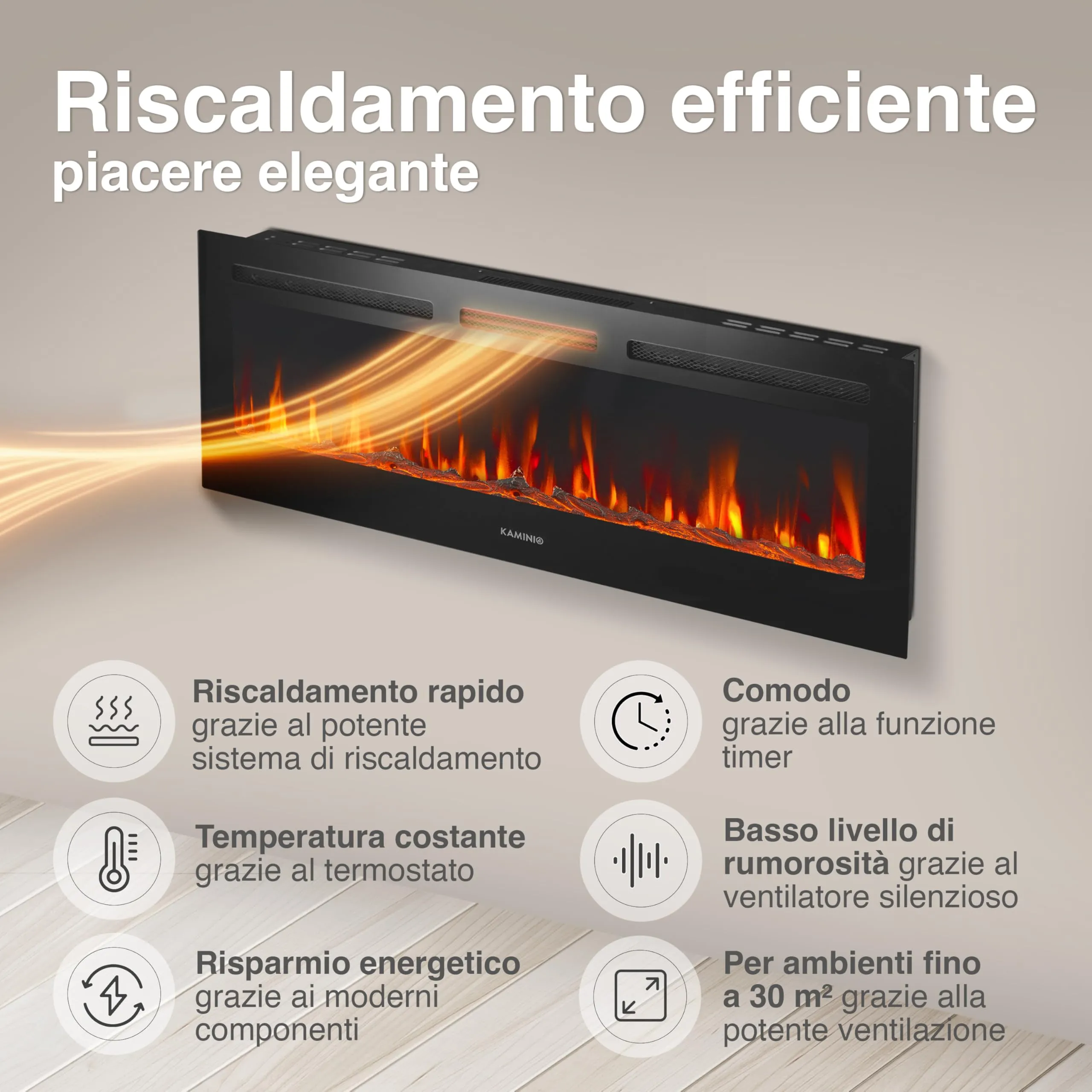 KAMINIO Marlon PRO 50 Camino Elettrico da Incasso, Parete o Appoggio, Nero - immagine 4