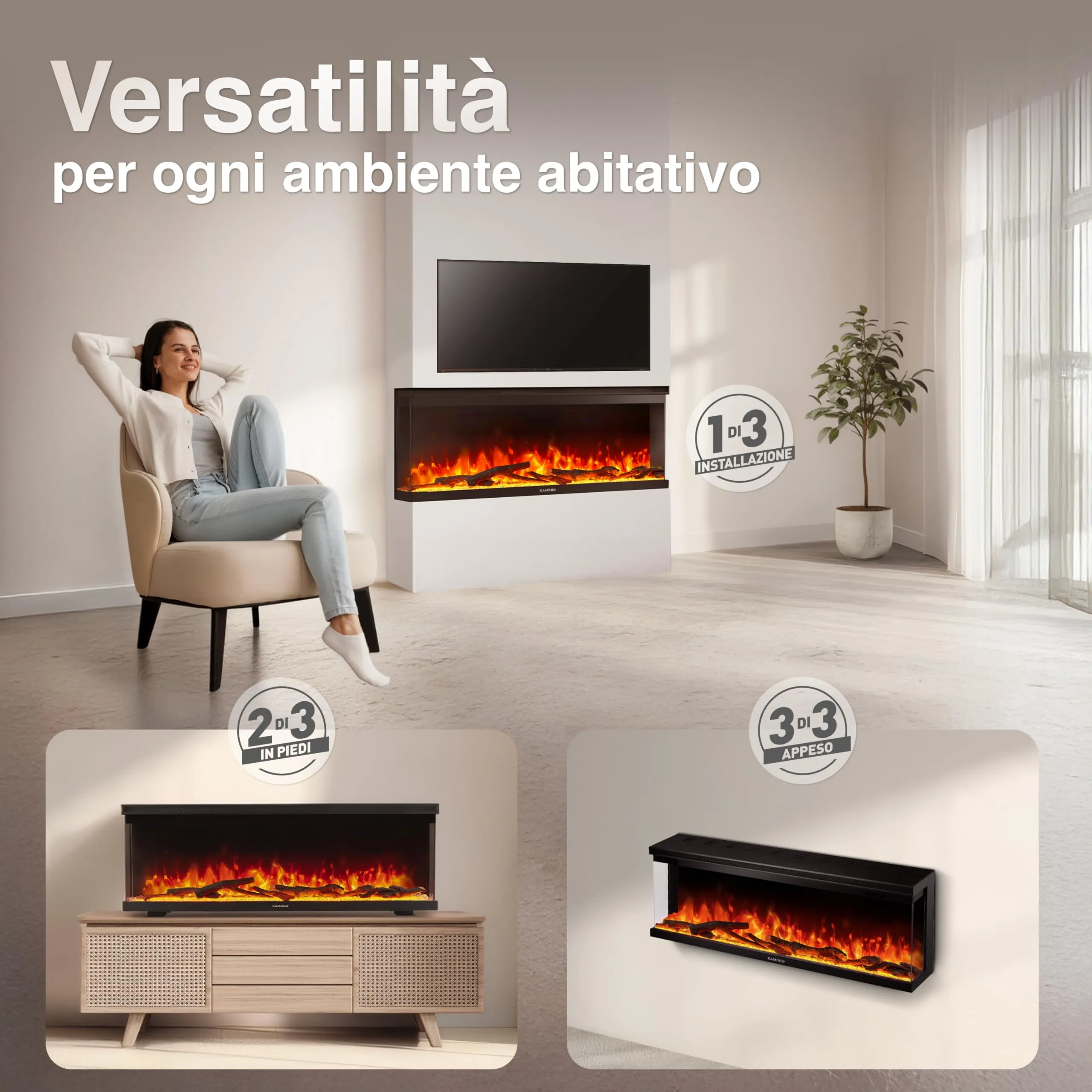 KAMINIO Lea PRO 50 Camino Elettrico da Incasso, Parete o Appoggio - Nero - immagine 2