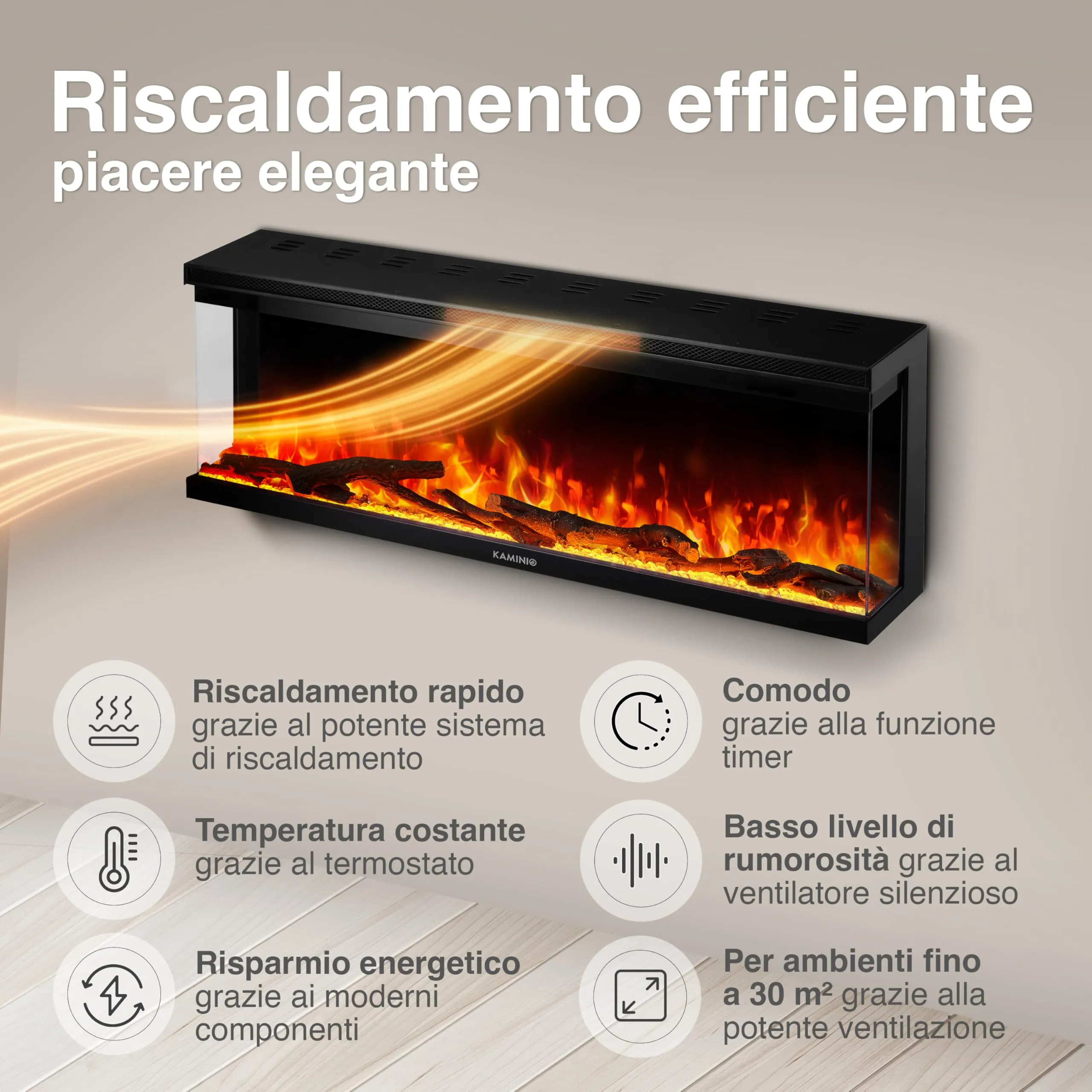 KAMINIO Lea PRO 50 Camino Elettrico da Incasso, Parete o Appoggio - Nero - immagine 4