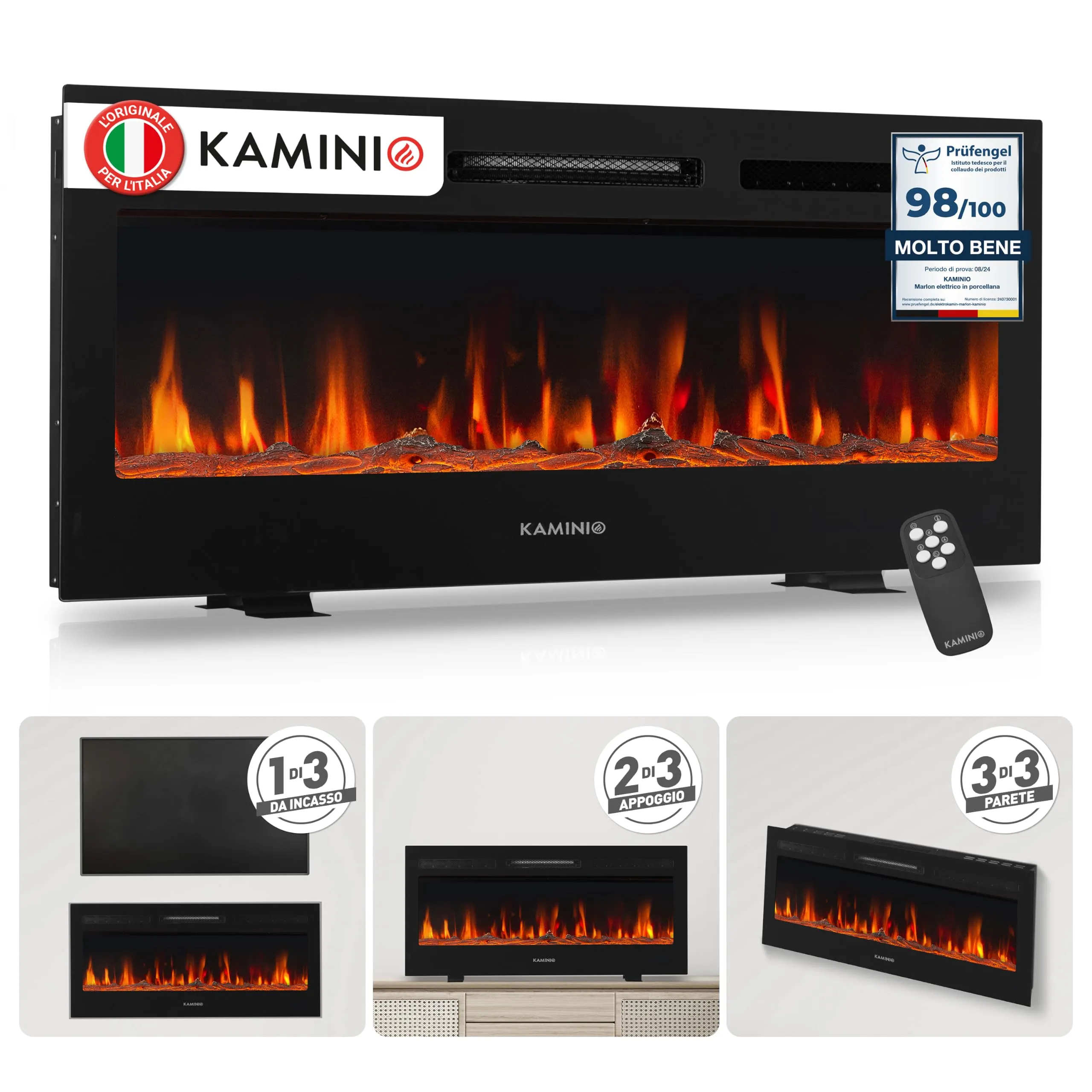 KAMINIO Marlon PRO 42 Camino Elettrico da Incasso, Parete o Appoggio, Nero - immagine 1
