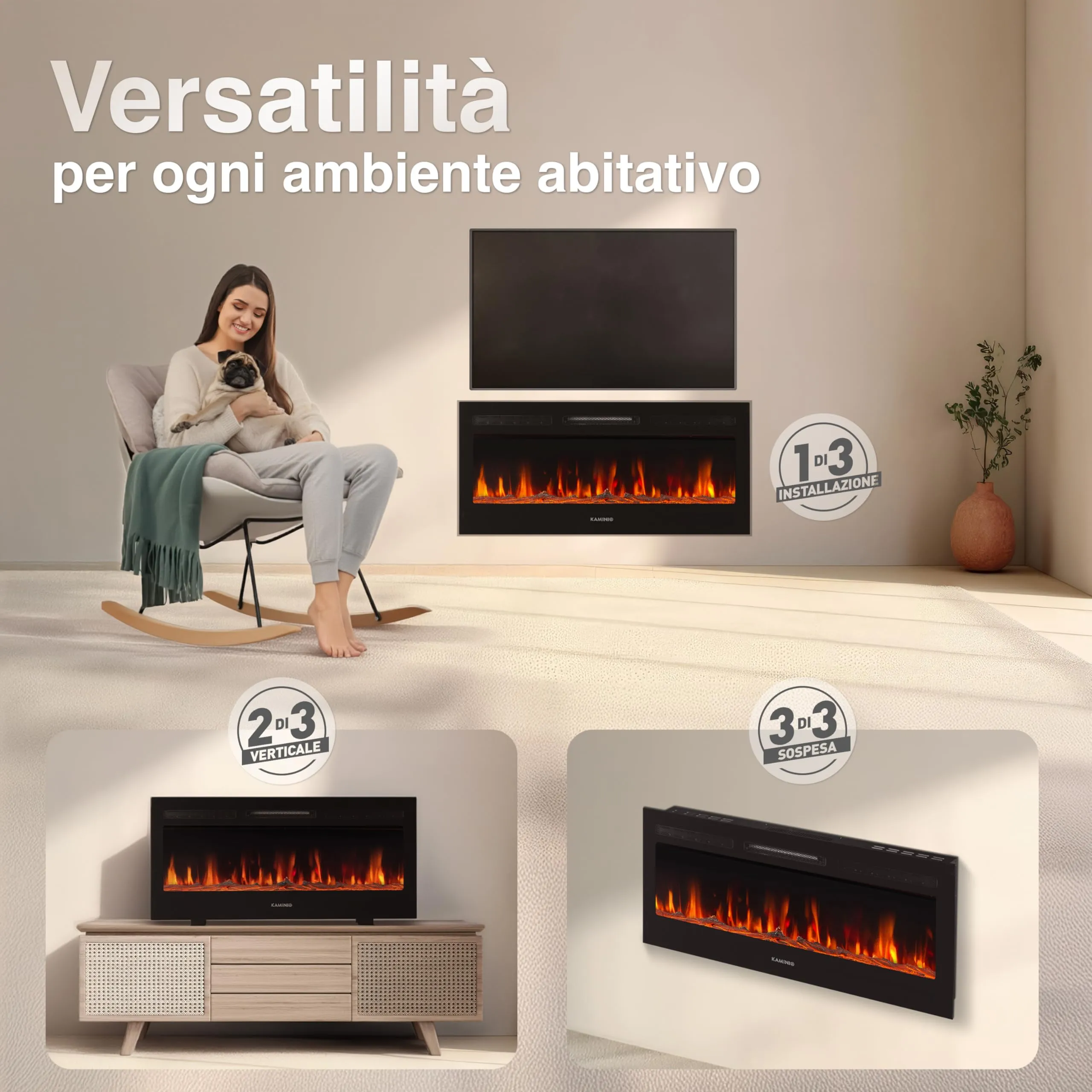 KAMINIO Marlon PRO 42 Camino Elettrico da Incasso, Parete o Appoggio, Nero - immagine 2