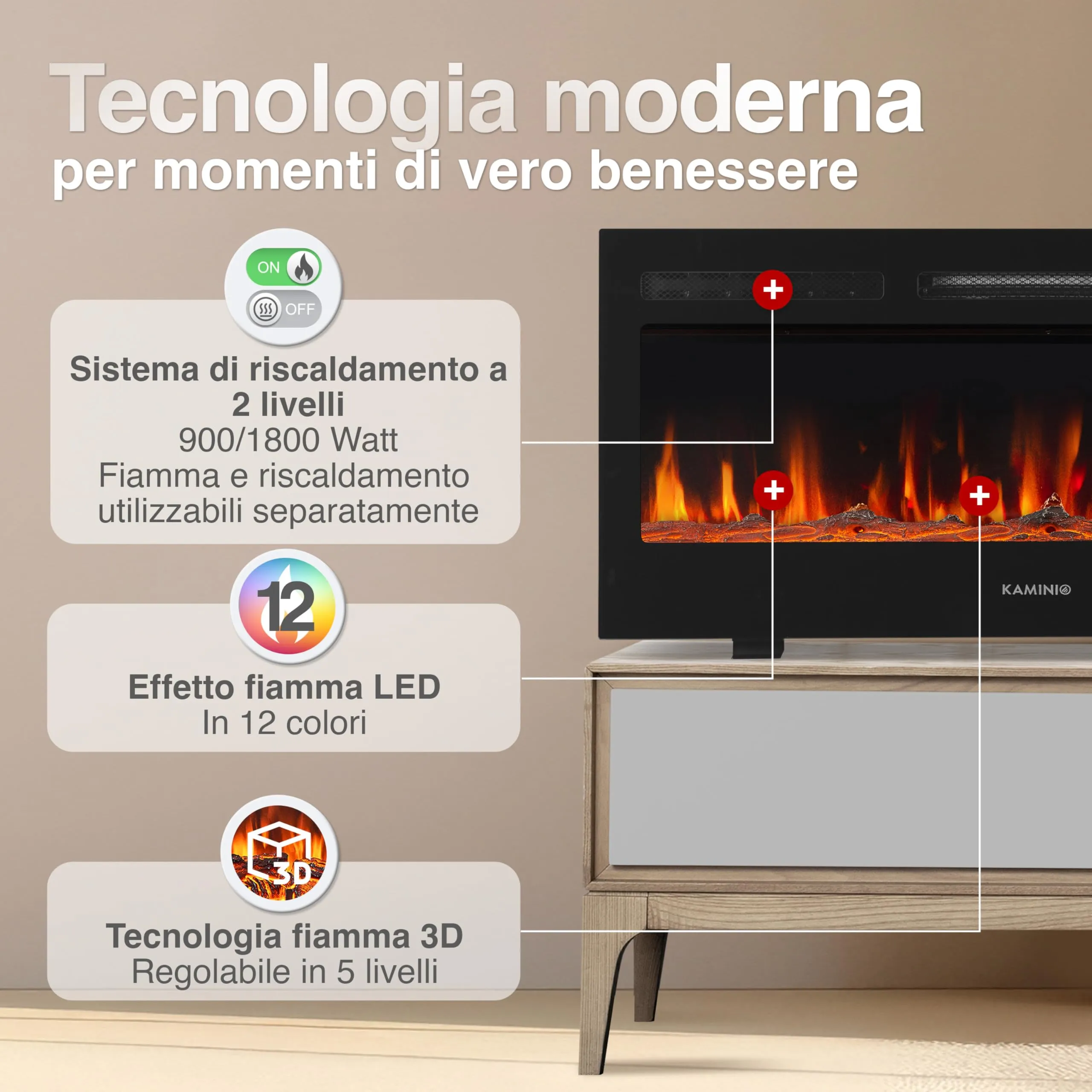 KAMINIO Marlon PRO 42 Camino Elettrico da Incasso, Parete o Appoggio, Nero - immagine 3