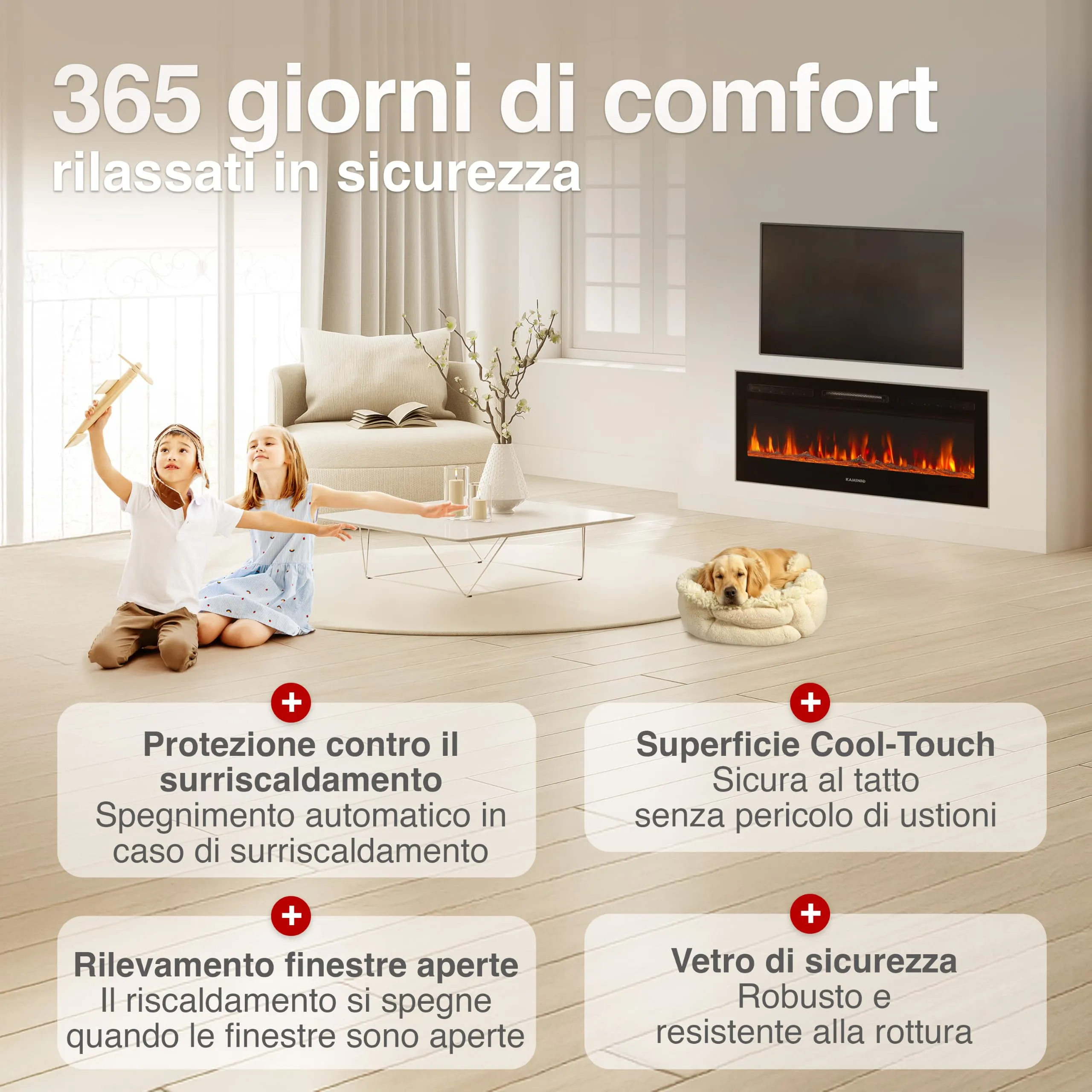KAMINIO Marlon PRO 42 Camino Elettrico da Incasso, Parete o Appoggio, Nero - immagine 5