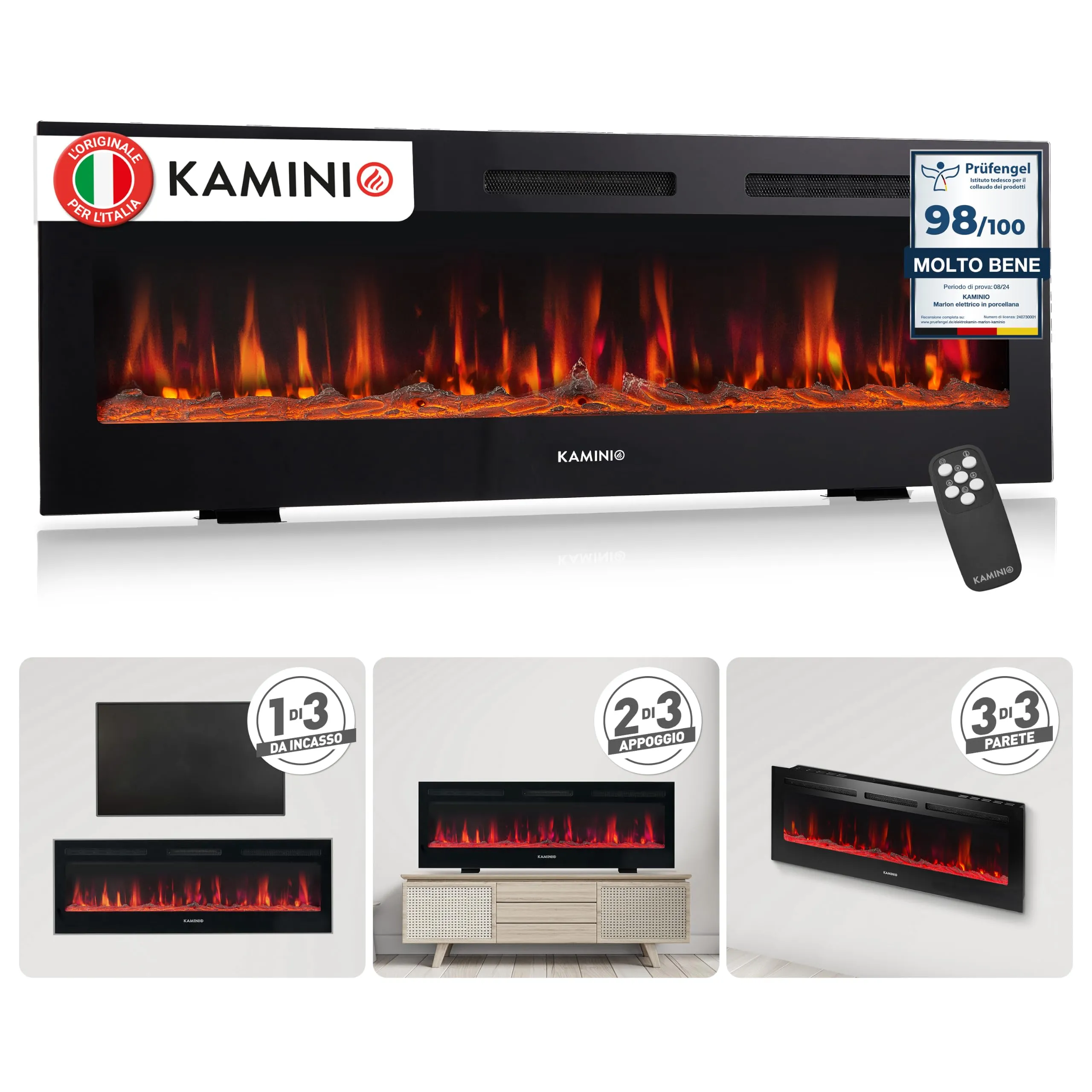 KAMINIO Marlon PRO 60 Camino elettrico da incasso, parete o appoggio, 60 pollici, Nero - immagine 1