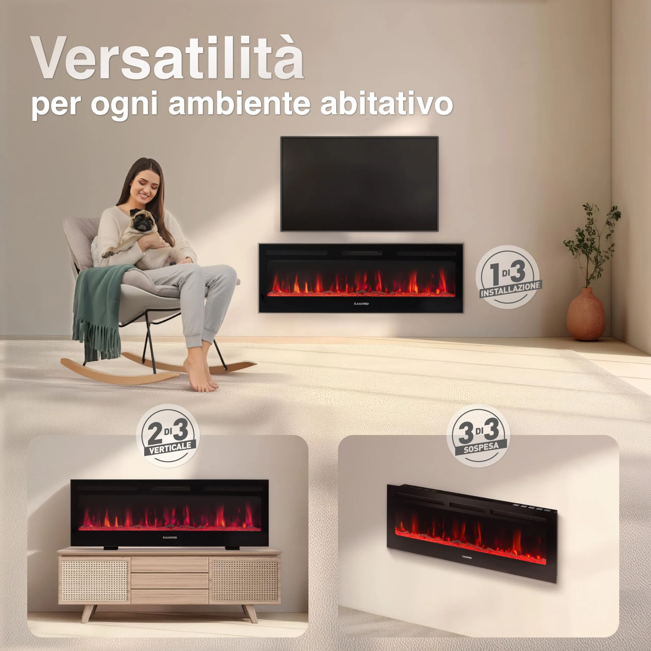 KAMINIO Marlon PRO 60 Camino elettrico da incasso, parete o appoggio, 60 pollici, Nero - immagine 2