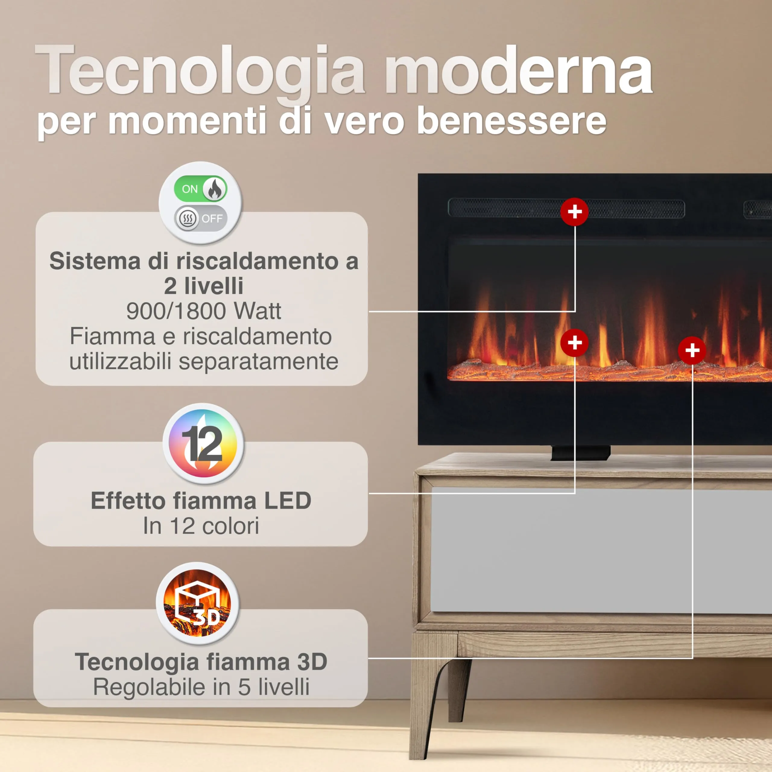 KAMINIO Marlon PRO 60 Camino elettrico da incasso, parete o appoggio, 60 pollici, Nero - immagine 3