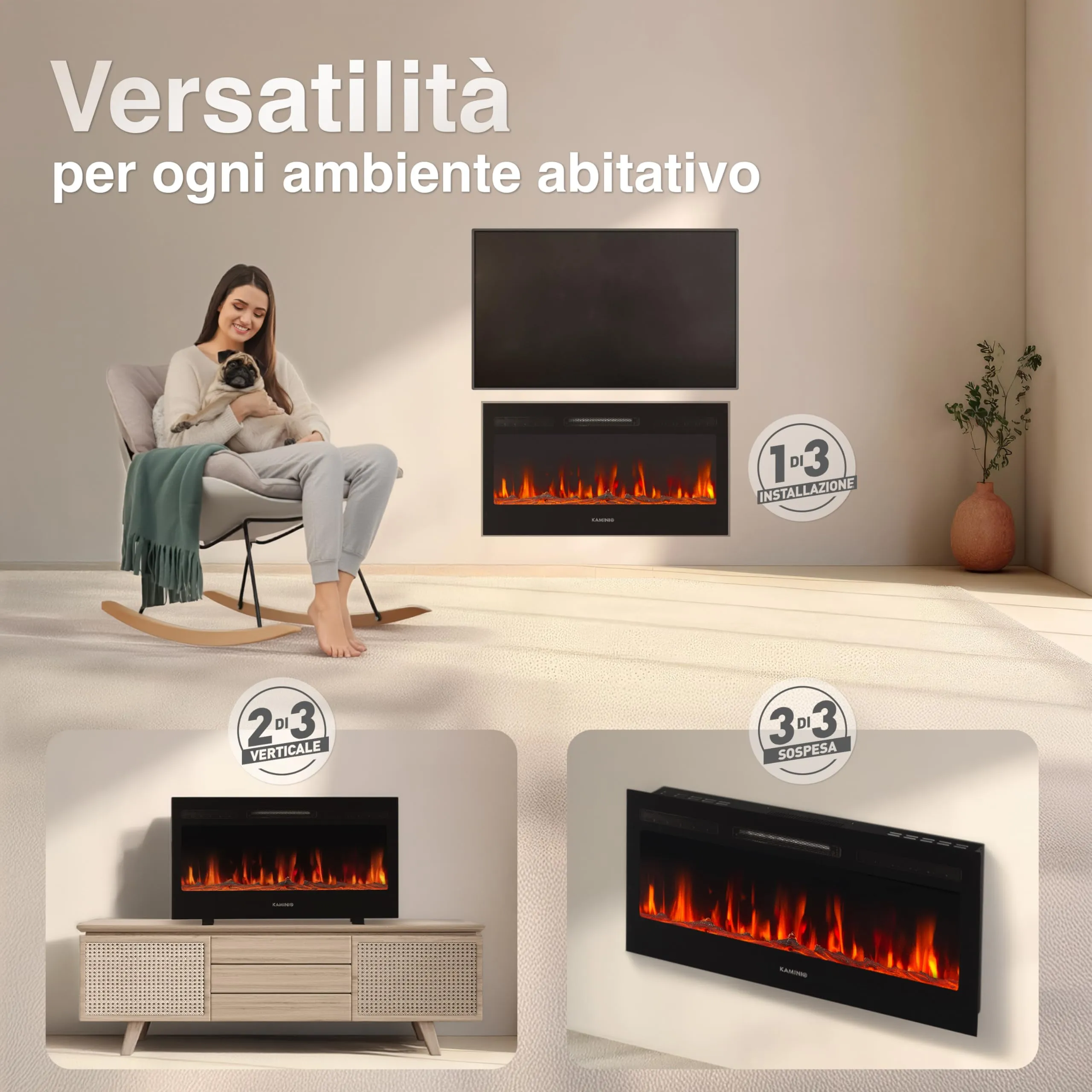 KAMINIO Marlon PRO 36 Camino Elettrico da Incasso, Parete o Appoggio, Nero - immagine 2
