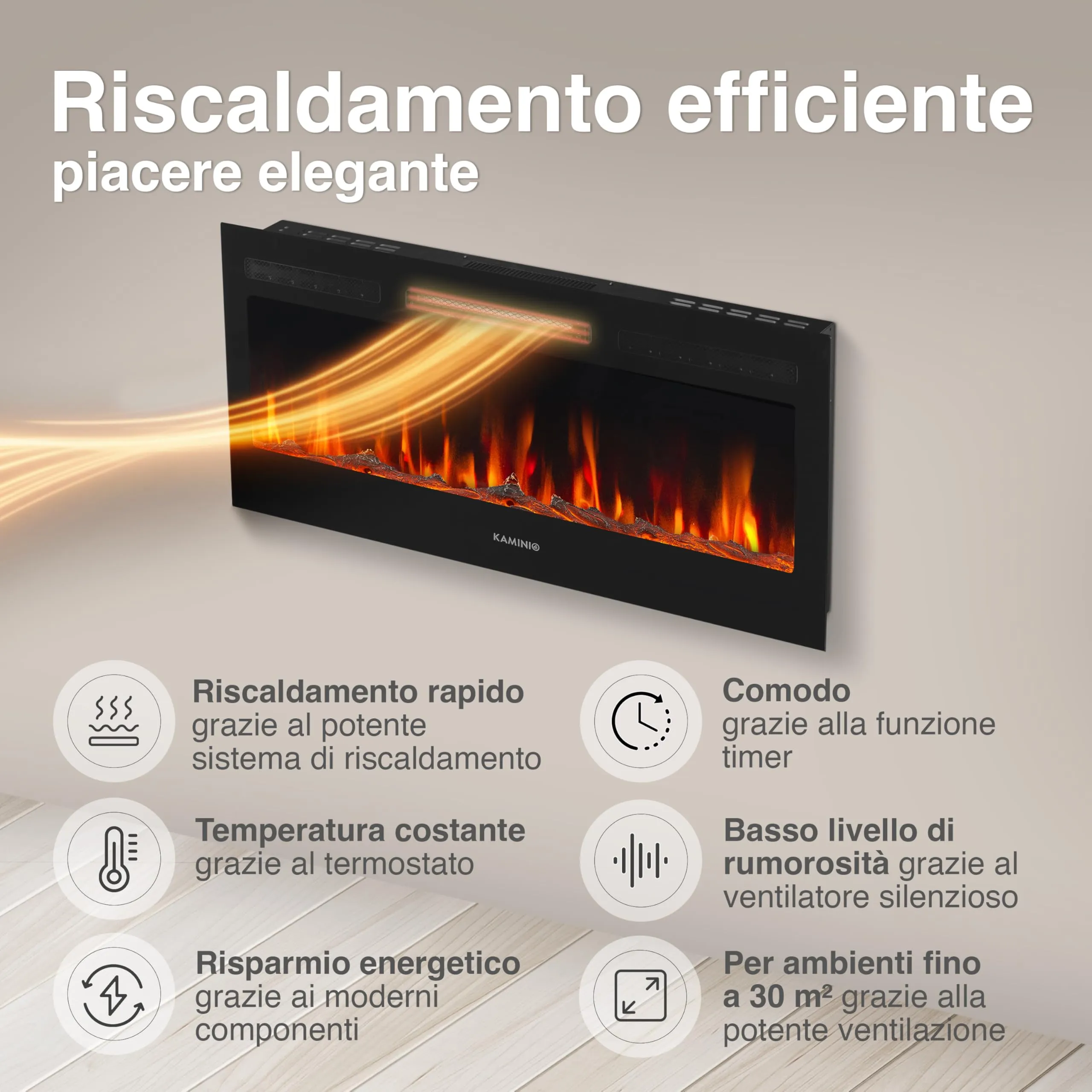 KAMINIO Marlon PRO 36 Camino Elettrico da Incasso, Parete o Appoggio, Nero - immagine 4