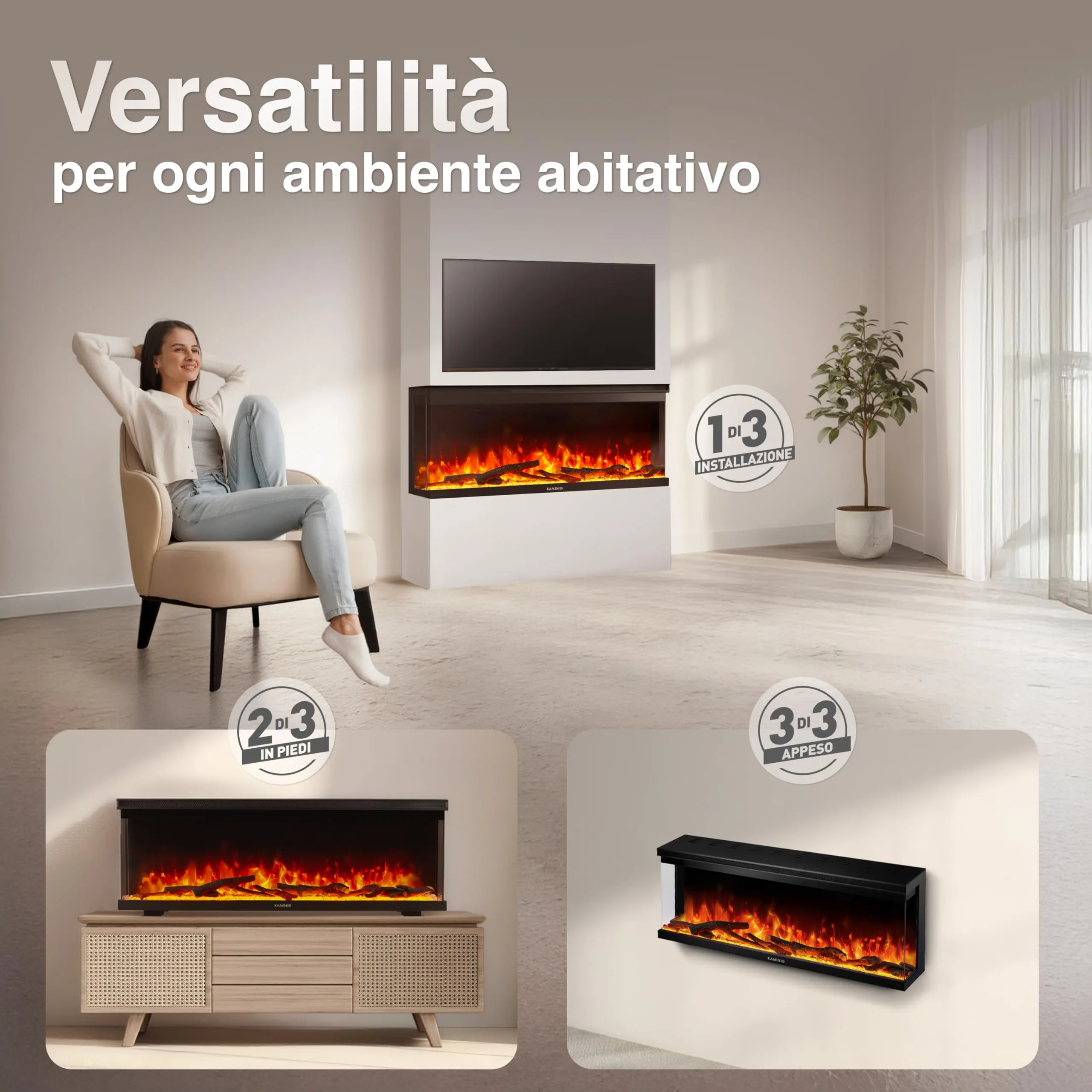 KAMINIO Lea PRO 42 Camino Elettrico da Incasso, Parete o Appoggio, Nero - immagine 2