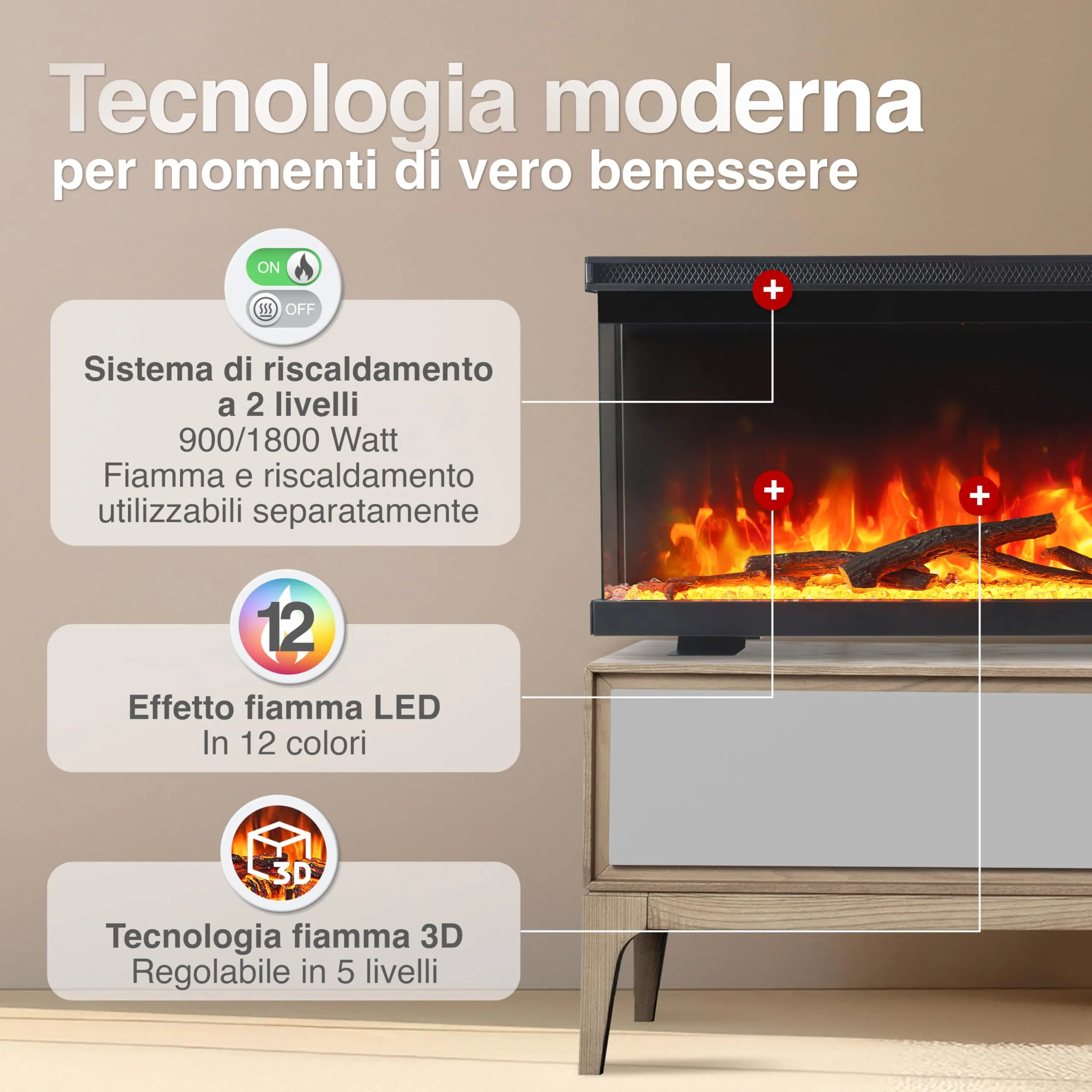 KAMINIO Lea PRO 42 Camino Elettrico da Incasso, Parete o Appoggio, Nero - immagine 3