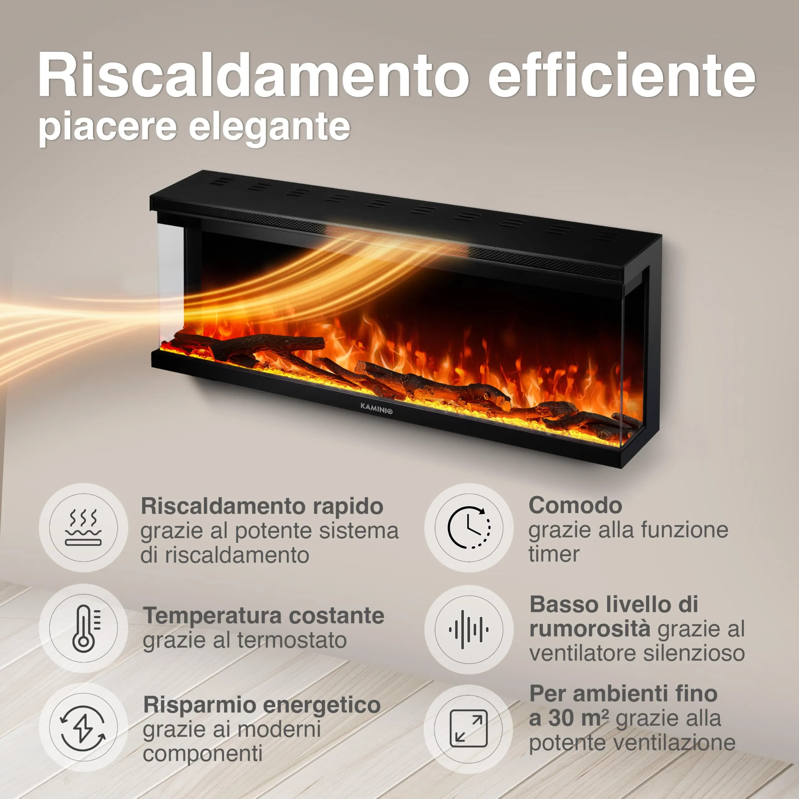 KAMINIO Lea PRO 42 Camino Elettrico da Incasso, Parete o Appoggio, Nero - immagine 4