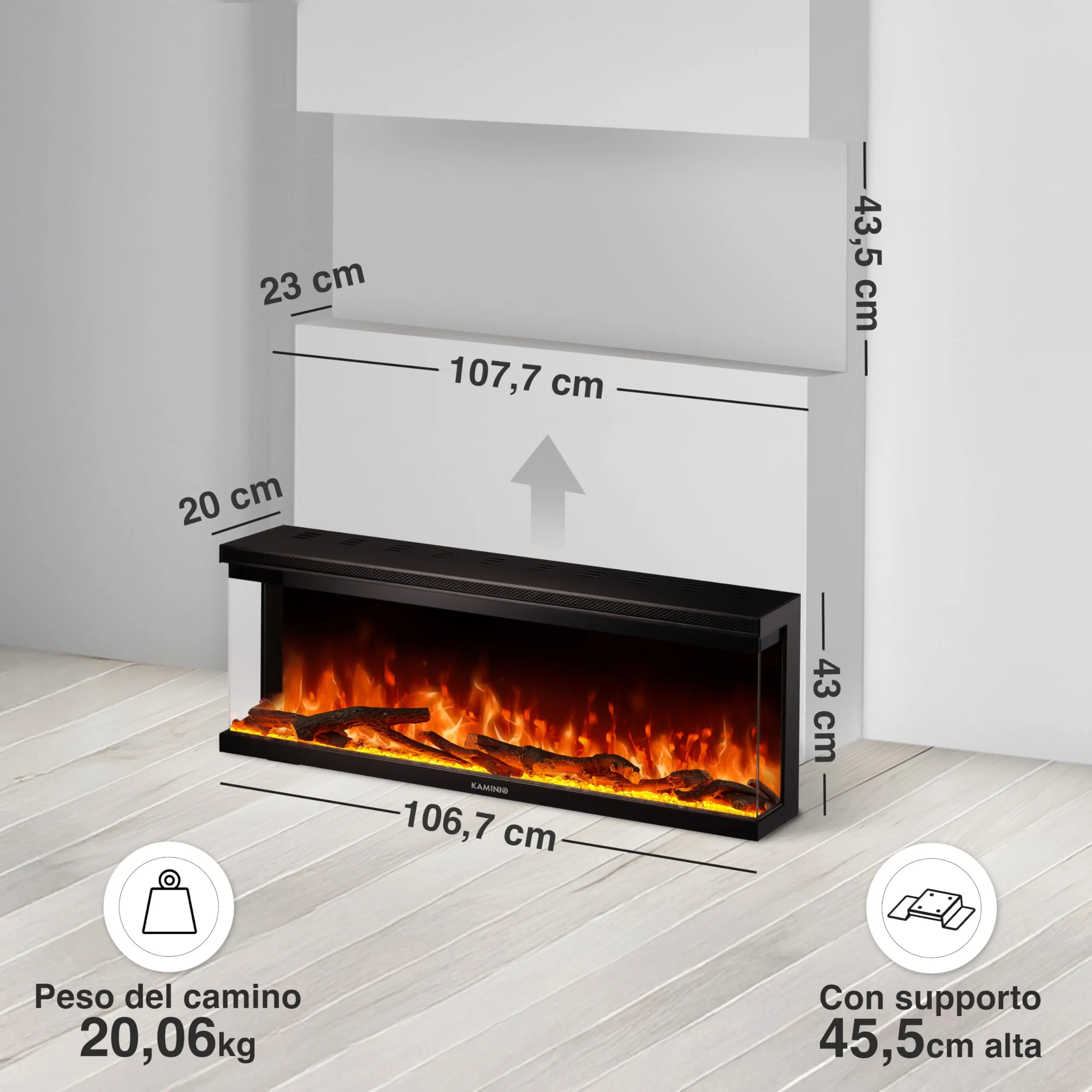 KAMINIO Lea PRO 42 Camino Elettrico da Incasso, Parete o Appoggio, Nero - immagine 6