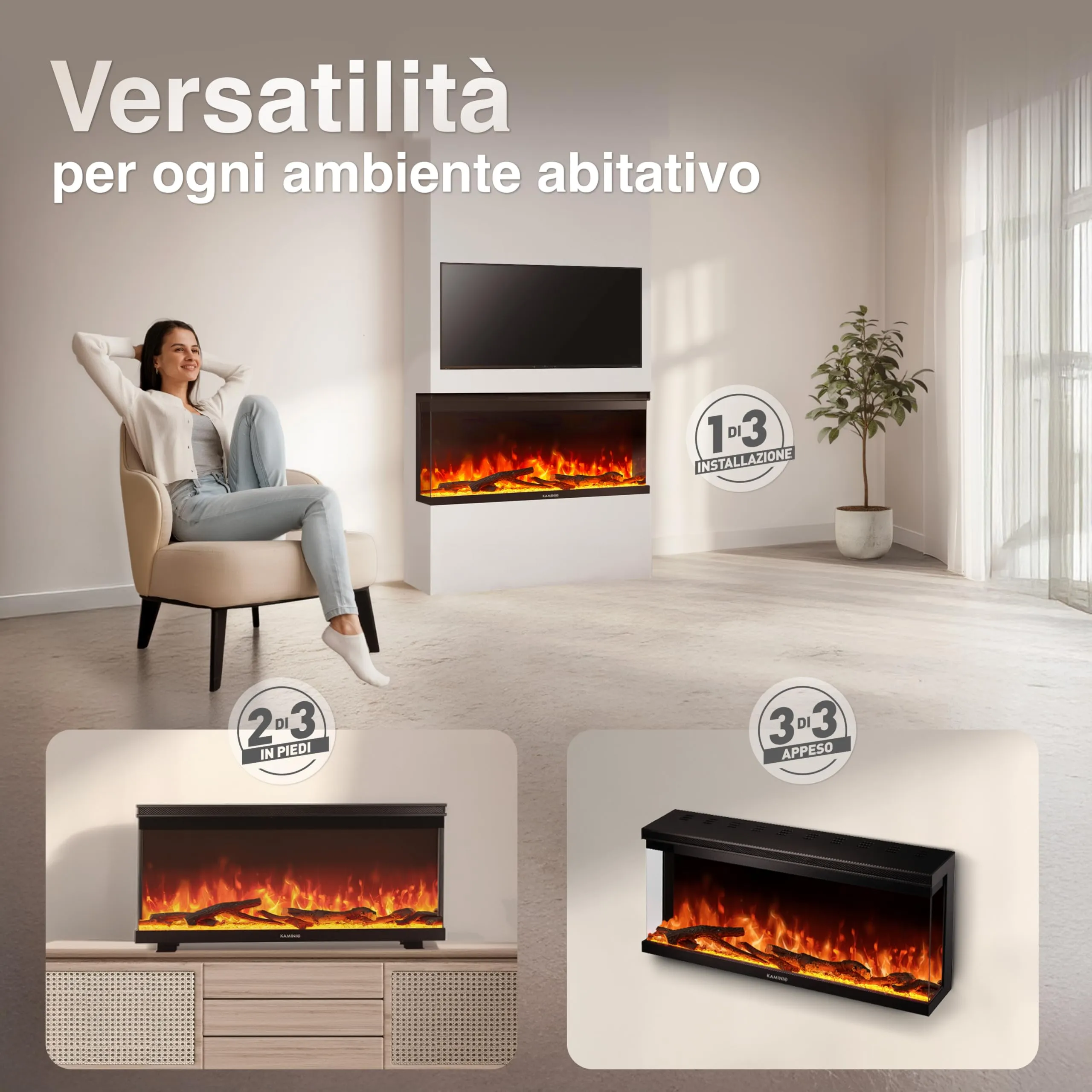 KAMINIO Lea PRO 36 Camino Elettrico da Incasso, Parete o Appoggio, Nero, EF02 - immagine 2