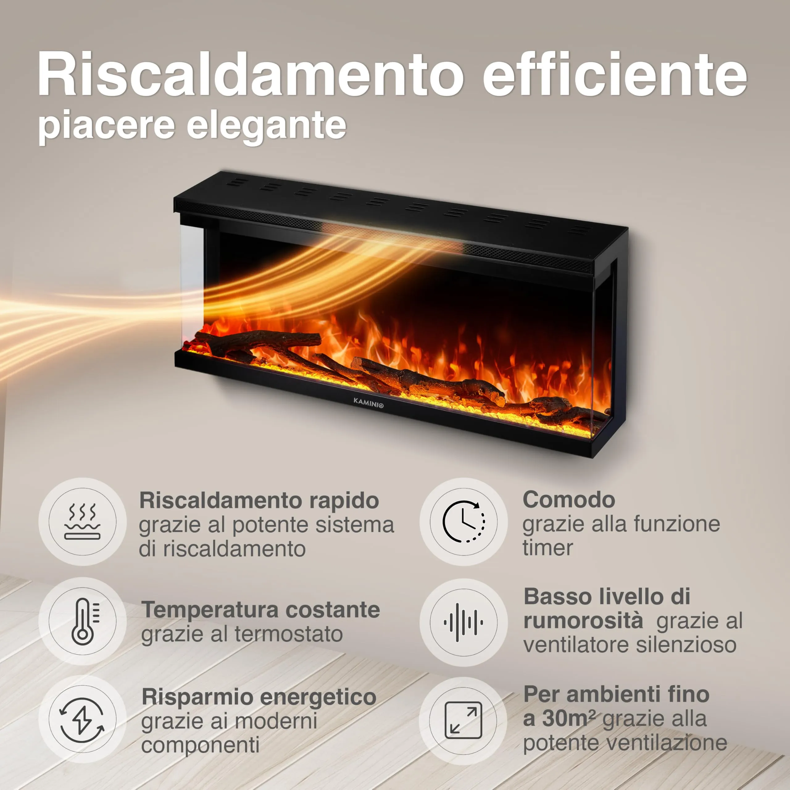 KAMINIO Lea PRO 36 Camino Elettrico da Incasso, Parete o Appoggio, Nero, EF02 - immagine 4