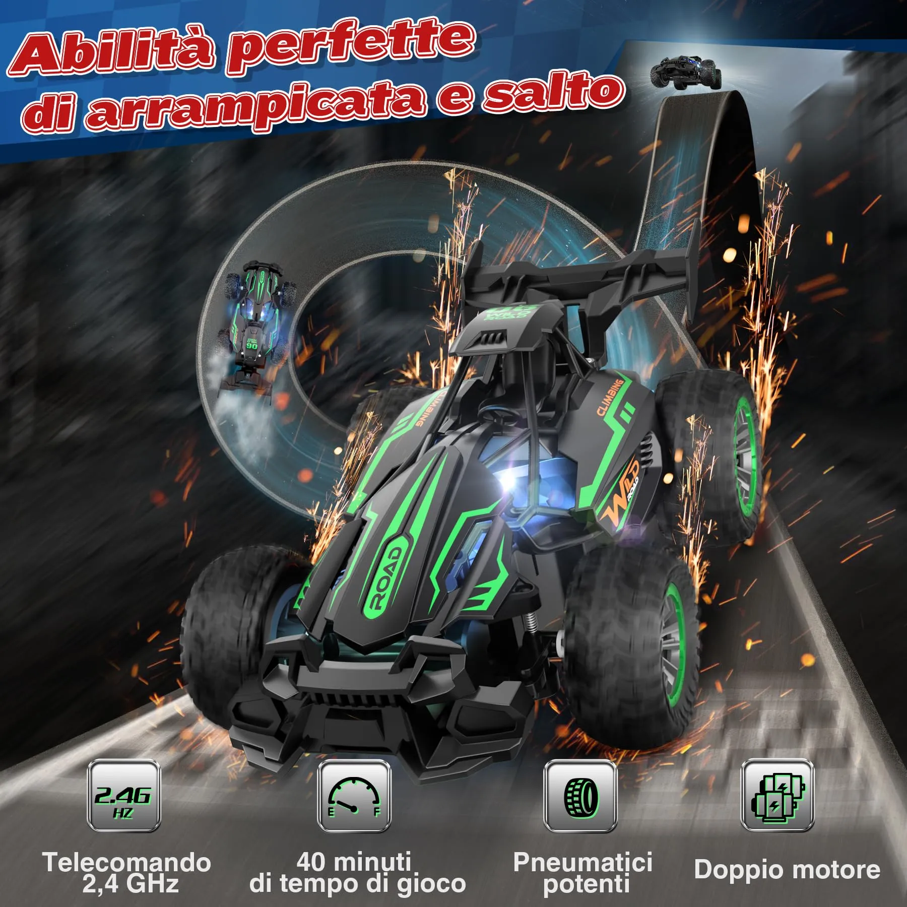 Perbabe Macchina Radiocomandata 2.4GHz Alta Velocità 20km/h, Verde - immagine 3