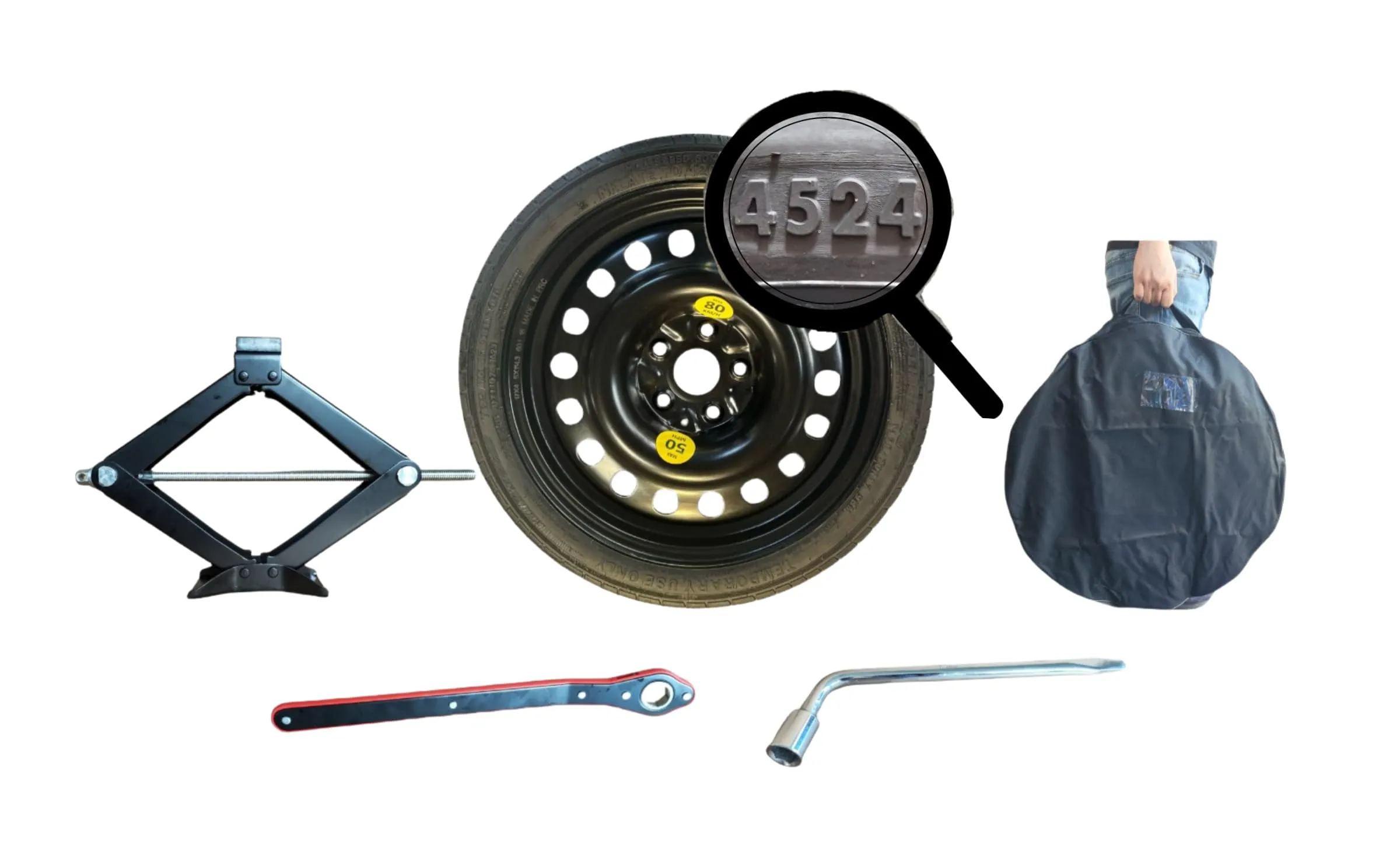D'ANGELO 1988 Kit Ruotino di Scorta 145/90R16 per Hyundai Kona Hybrid 2023 con Cric, Chiave, Guanti e Sacca - immagine 1