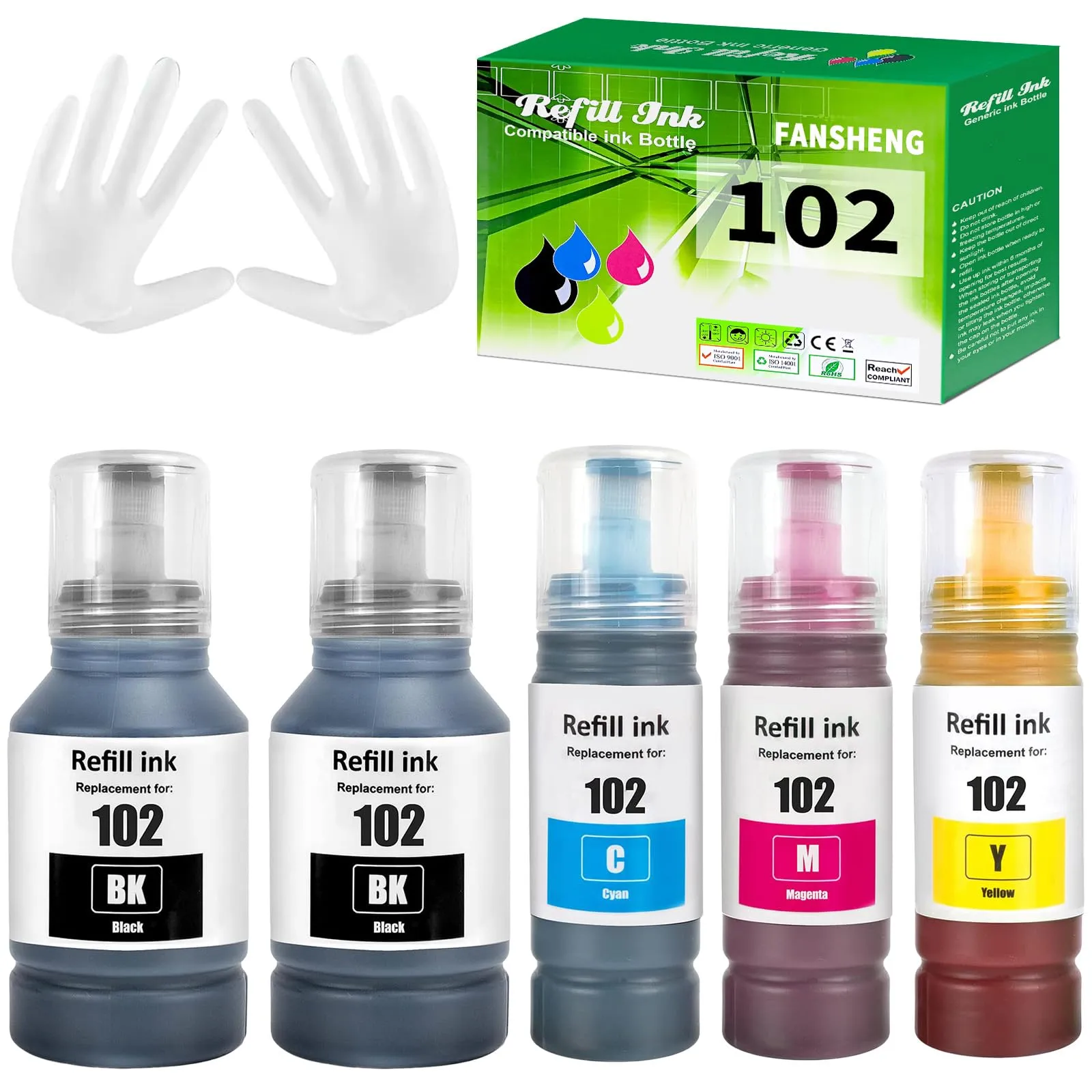 FANSHENG Inchiostro Compatibile con Epson 102 per Ecotank ET-2750 ET-4750 ET-4850 ET-3850 ET-2756 ET-2751 ET-2850 ET-2856 ET-3700 ET-3750 ET-4856 ET-15000 (5 Pack 2BK/C/M/Y) - immagine 1