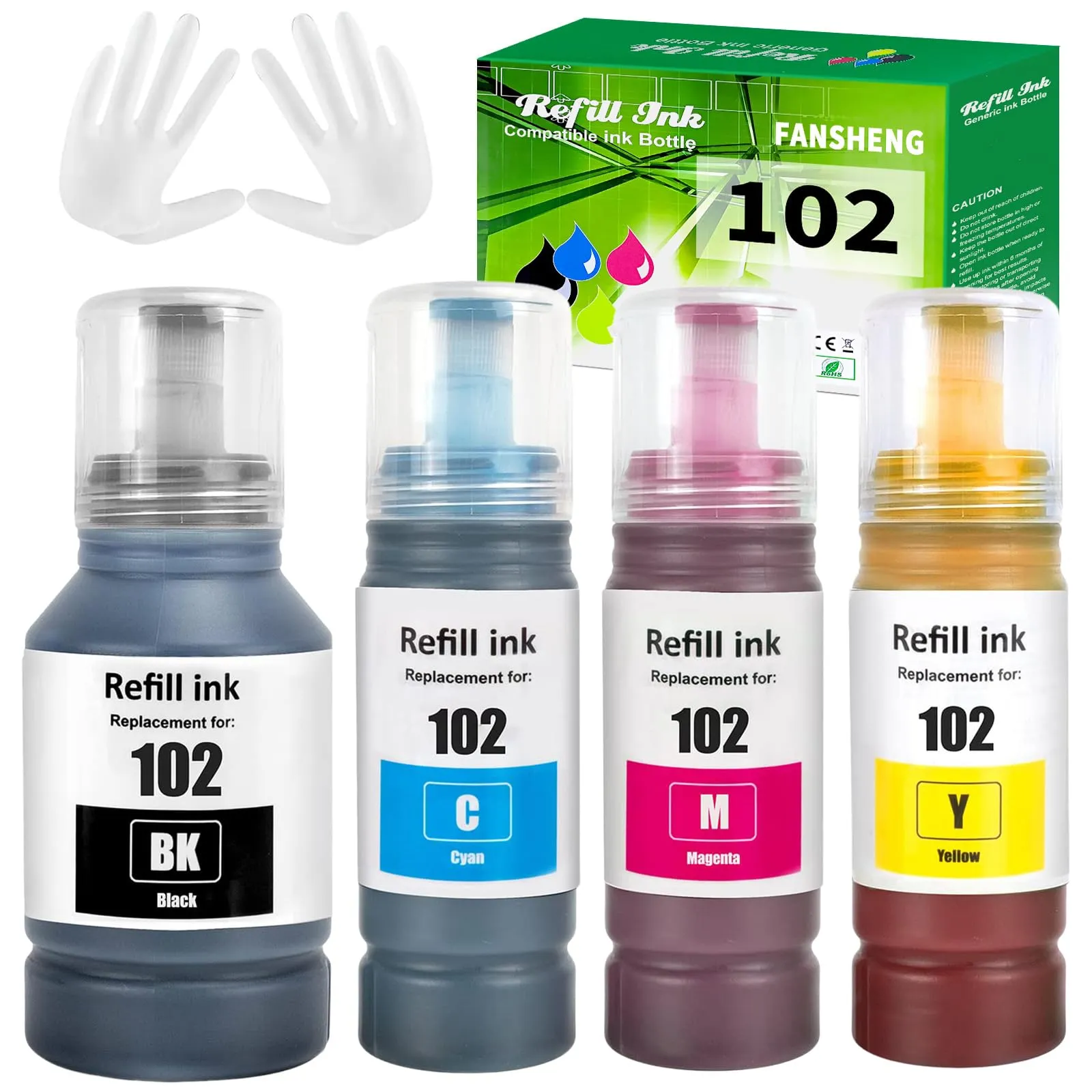 FANSHENG 102 Inchiostro Compatibile con Epson Ecotank ET-2750 ET-4750 ET-4850 ET-3850 ET-2756 ET-2751 ET-2850 ET-2856 ET-3700 ET-3750 ET-4856 ET-15000 (4 Pack BK/C/M/Y) - immagine 1