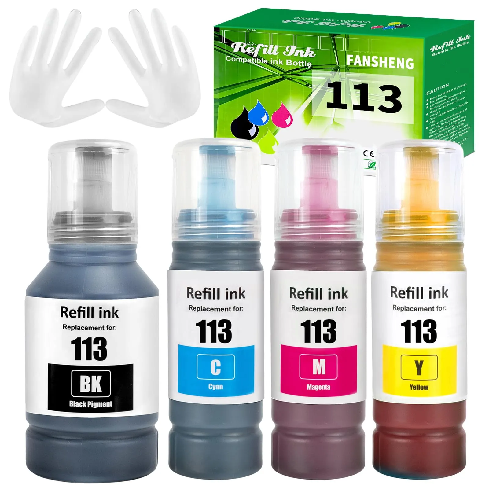 FANSHENG Inchiostro Compatibile con Epson 113 per Ecotank ET-5150 ET-5170 ET-16650 ET-16600 ET-16150 ET-15000 ET-5100 ET-5160 ET-5800 Pro ET-5850 (4 Pack BK/C/M/Y) - immagine 1
