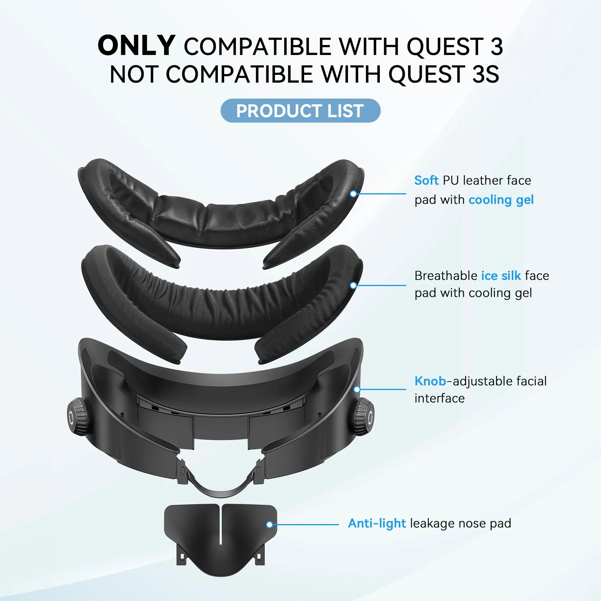 AMVR Upgraded Comfort Face Cover Pad per Meta Quest 3 con manopola regolabile, cuscino in PU e cotone Ice Silk - immagine 2