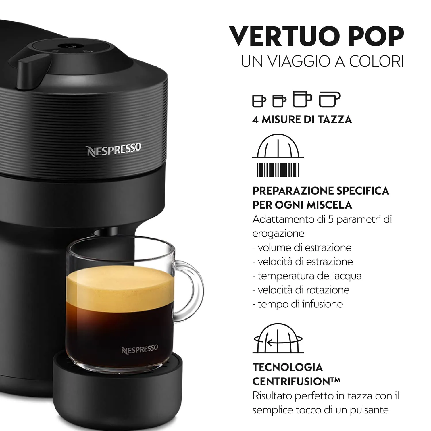 De'Longhi Nespresso Vertuo Pop ENV90.B Macchina Caffè a Capsule, 1260W, Liquorice Nero (Incluse 60 Capsule) - immagine 2