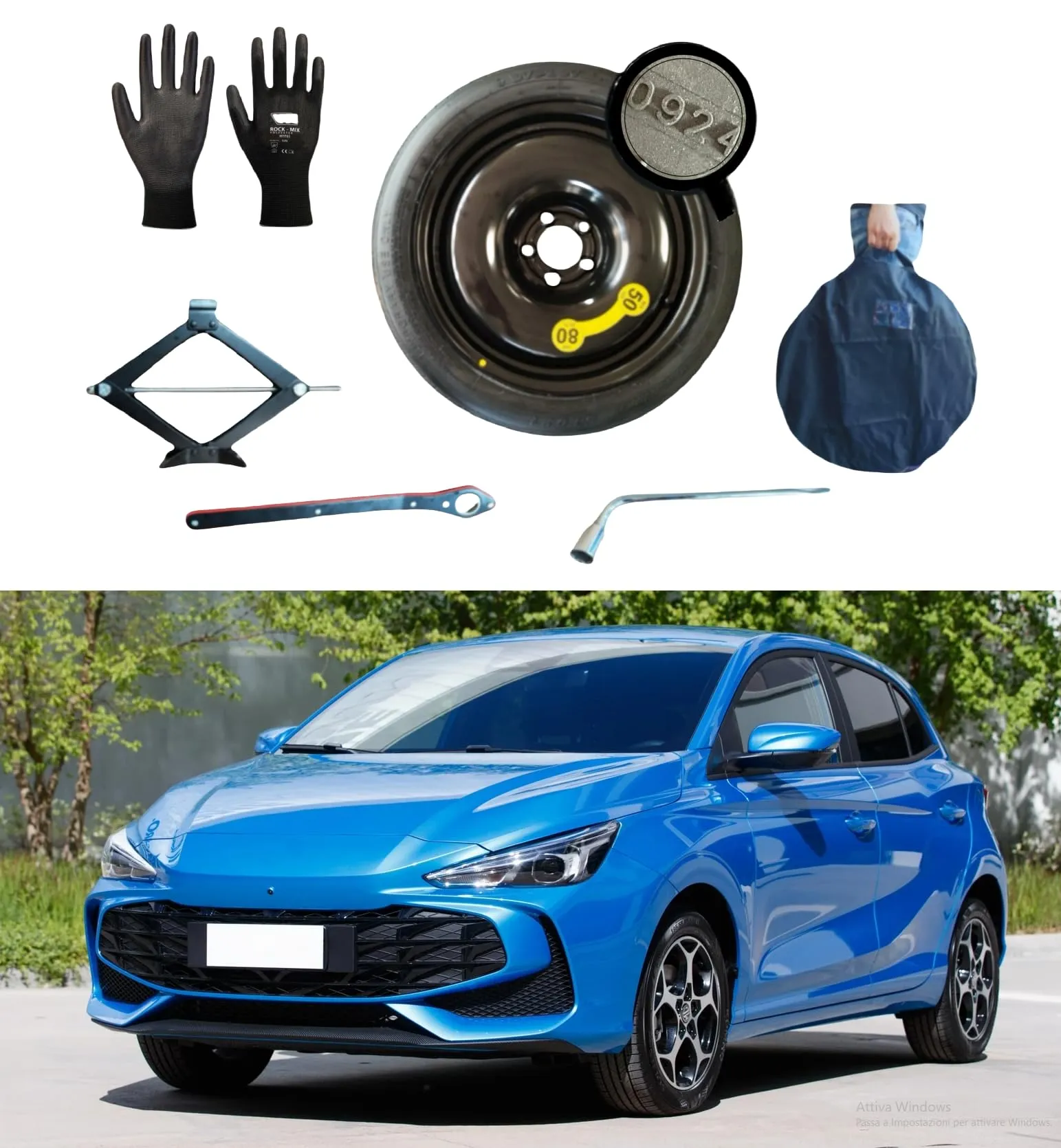 D'ANGELO 1988 Kit Ruotino di Scorta 125/90 R16 per MG3 Hybrid+ benzina (dal 2024), con Cric, Chiave, Guanti e Sacca - immagine 1