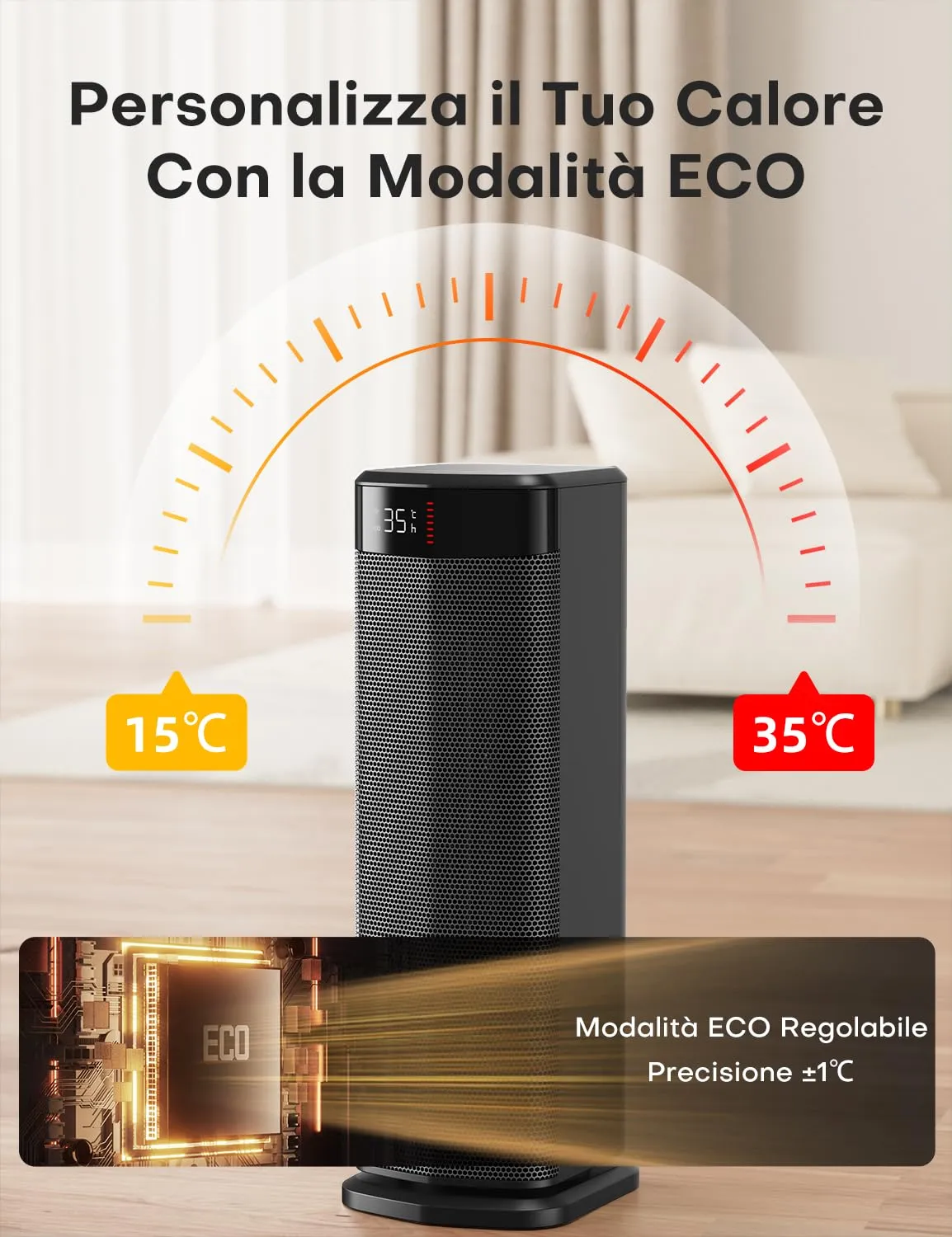 QEXREED Stufetta Elettrica 2000W PTC con Modalità ECO, DH-QN26A, Nero - immagine 6