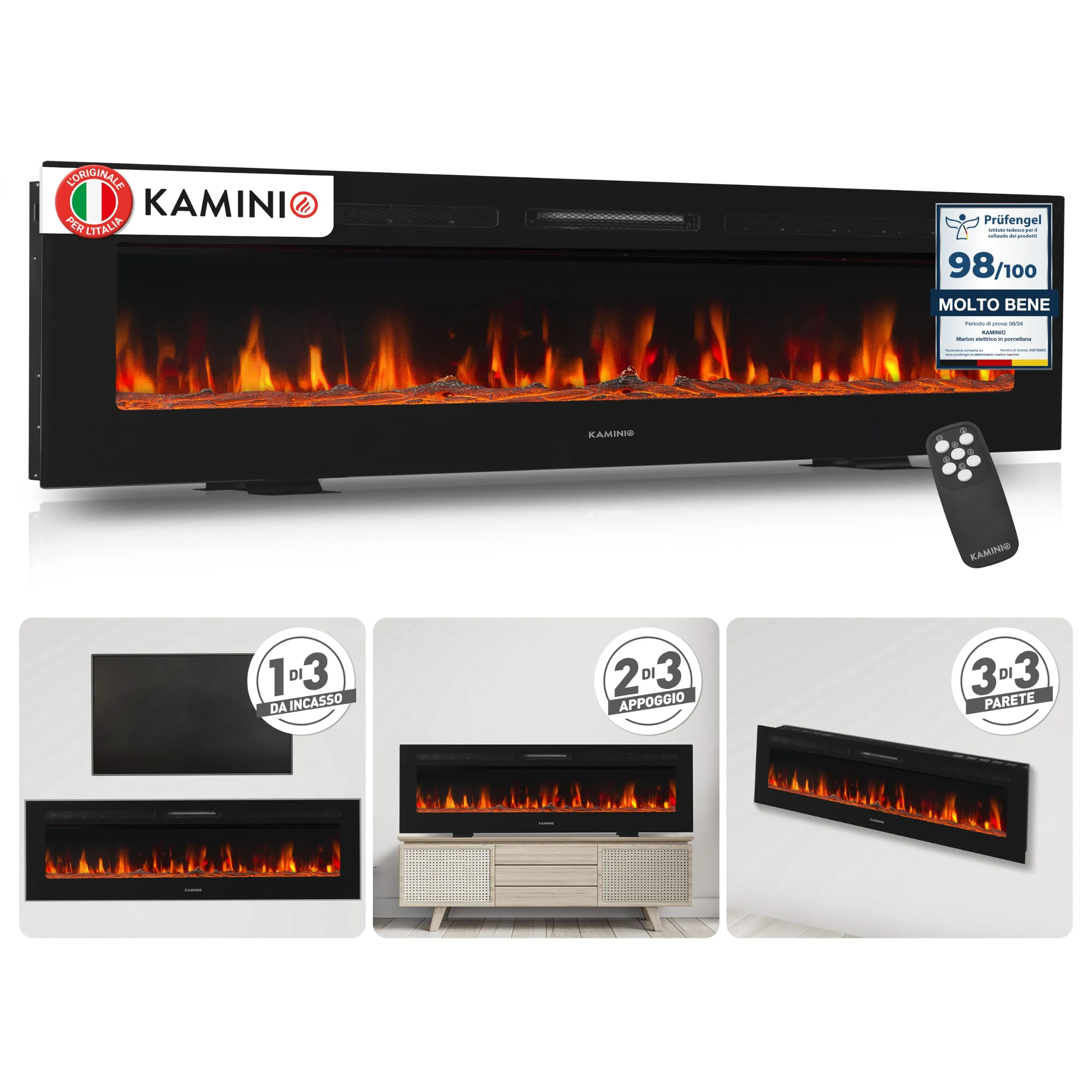 KAMINIO Marlon PRO 70 Camino Elettrico da Incasso, Parete o Appoggio, Nero - immagine 1