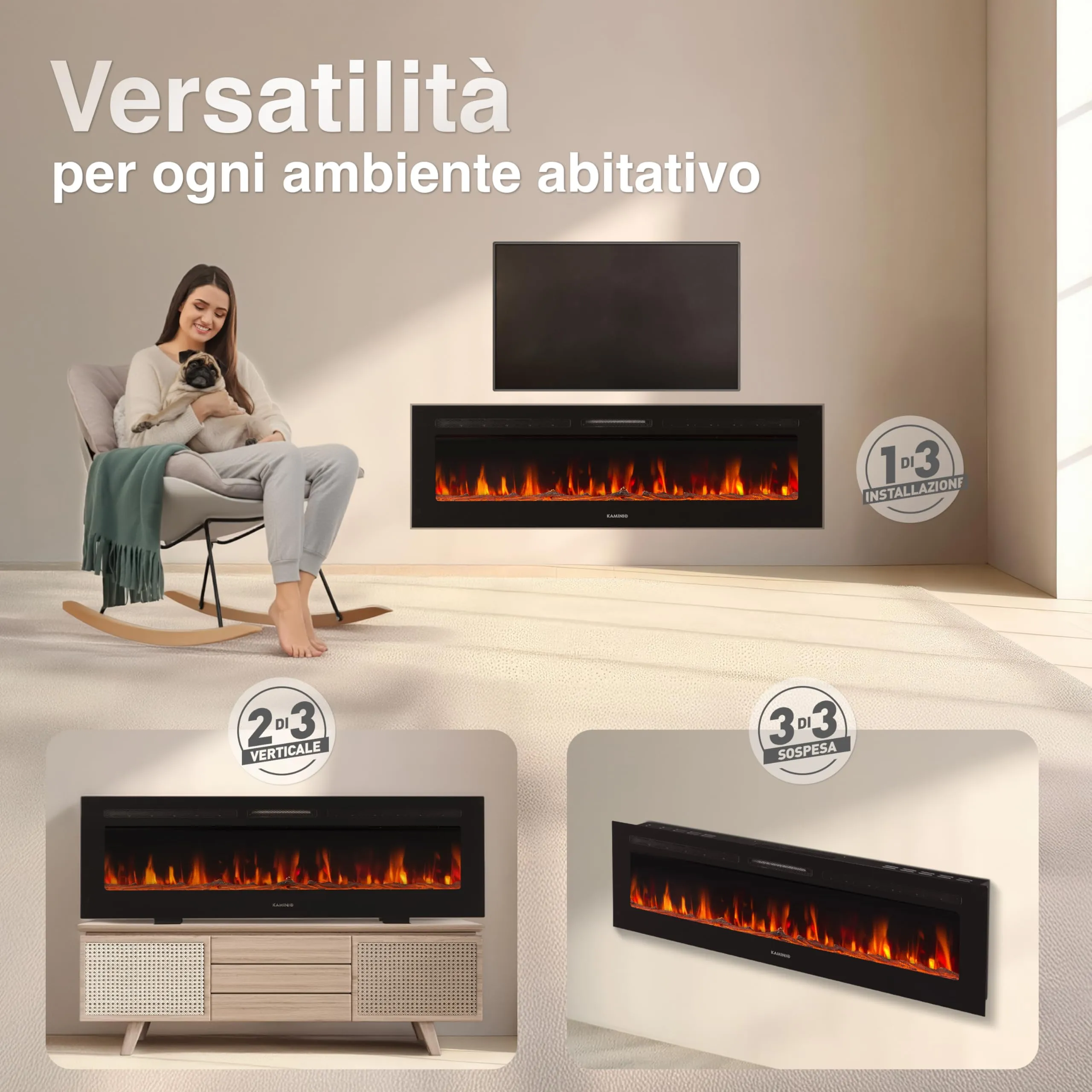 KAMINIO Marlon PRO 70 Camino Elettrico da Incasso, Parete o Appoggio, Nero - immagine 2
