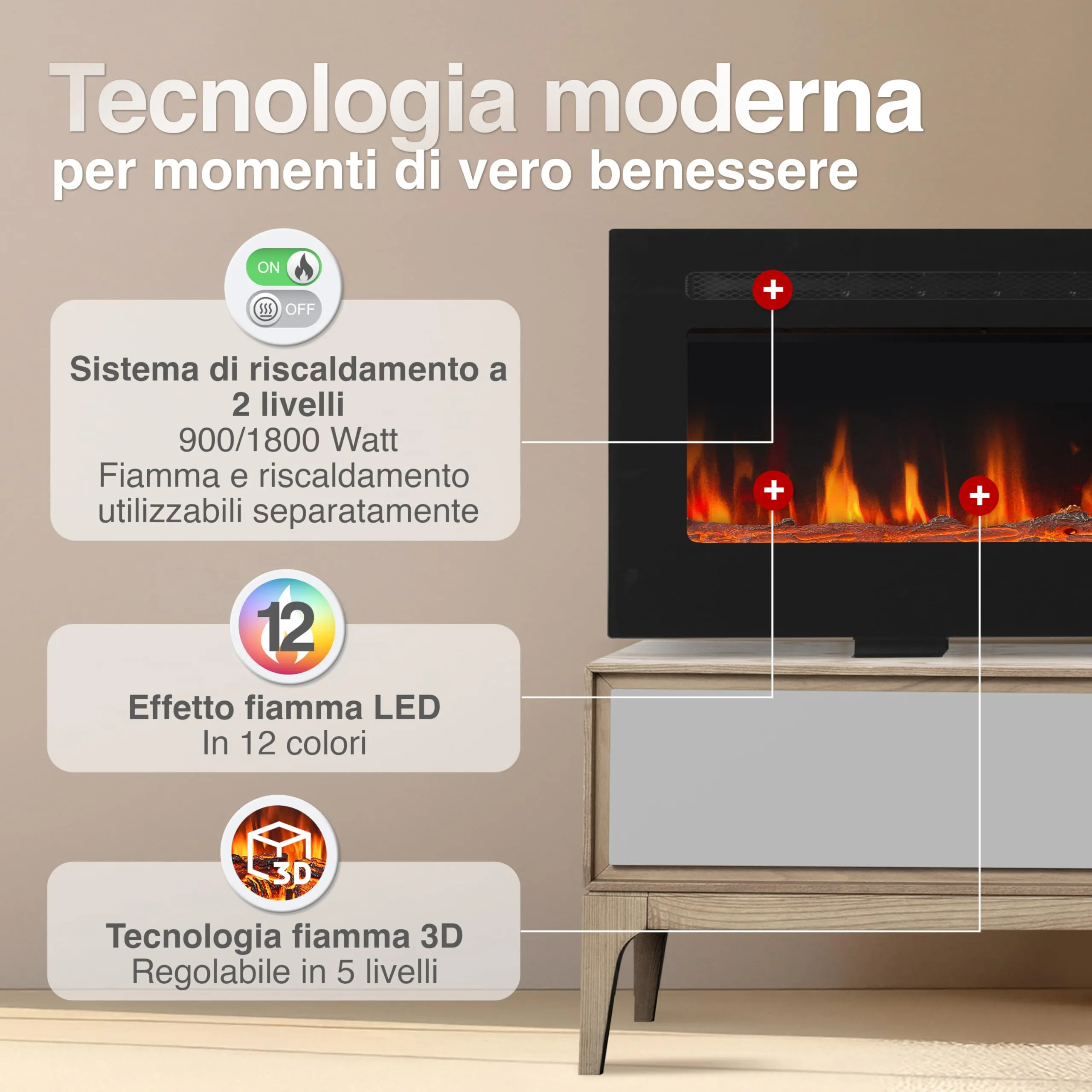 KAMINIO Marlon PRO 70 Camino Elettrico da Incasso, Parete o Appoggio, Nero - immagine 3