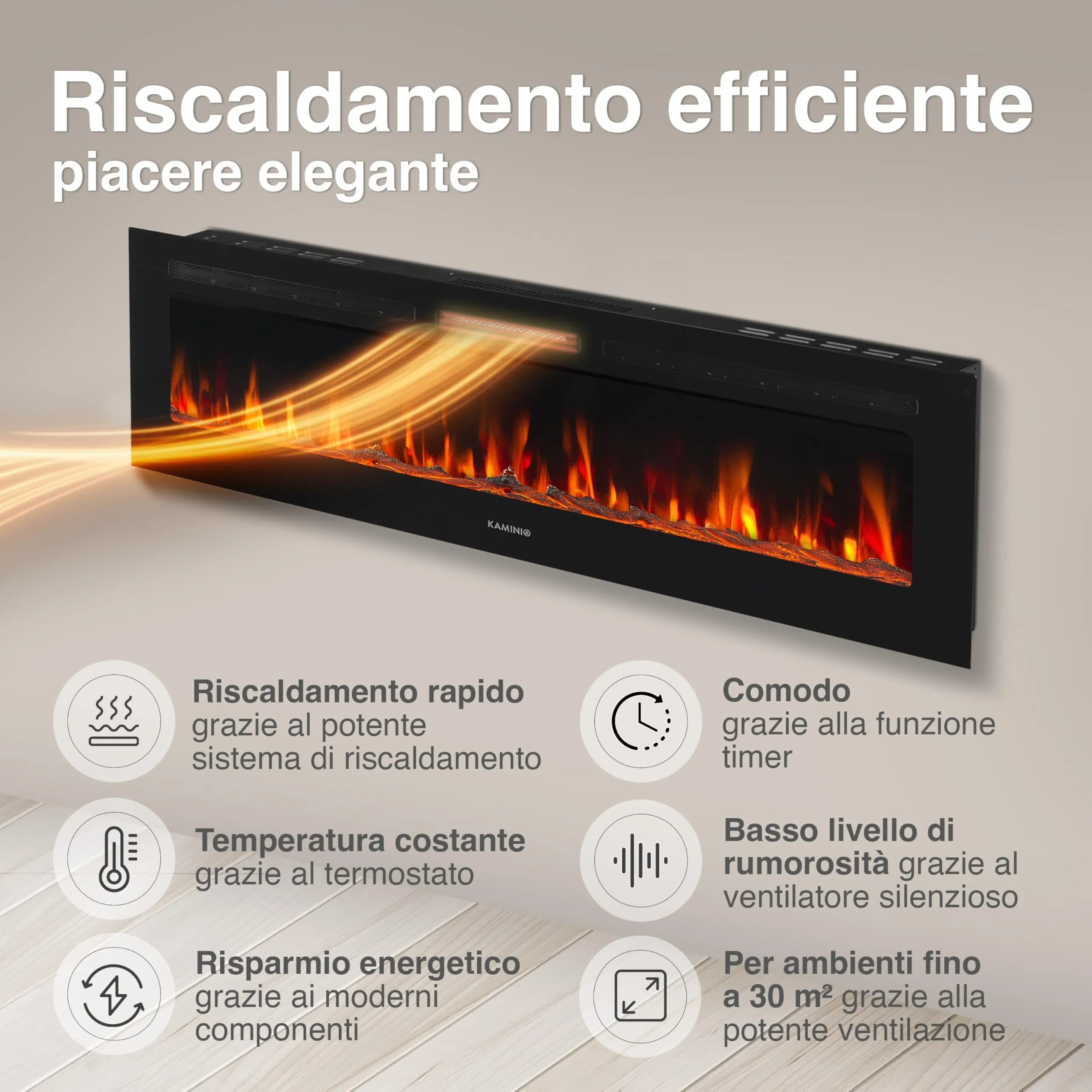 KAMINIO Marlon PRO 70 Camino Elettrico da Incasso, Parete o Appoggio, Nero - immagine 4