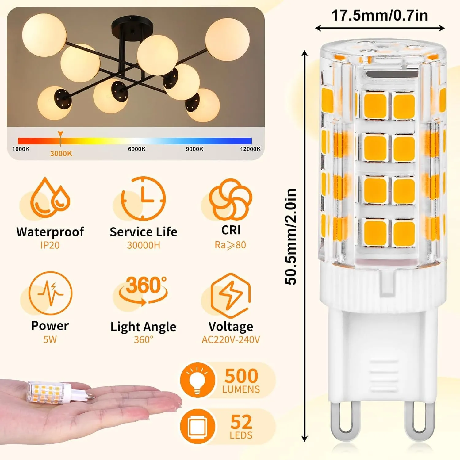YIIFELL Lampadine LED G9, 8 Pezzi, 5W 3000K Bianca Calda, 500Lm, 220-240V, Non Dimmerabile - immagine 2
