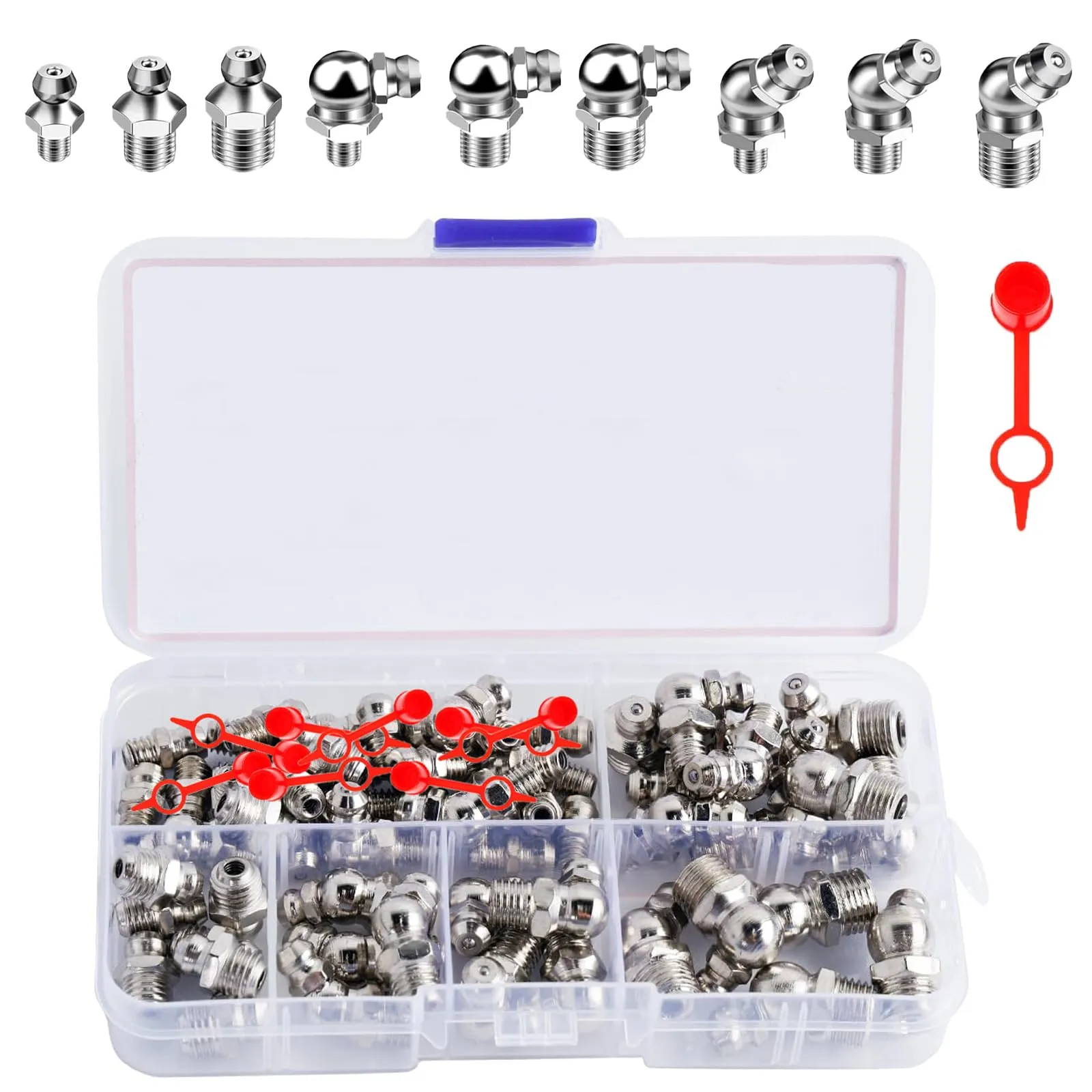 YUNXCNA Set di Ingrassatori M6 M8 M10, 60 Pezzi Raccordi in Metallo Dritti e Angolati 45° 90°, 10 Tappi per Ingrassaggio - immagine 1