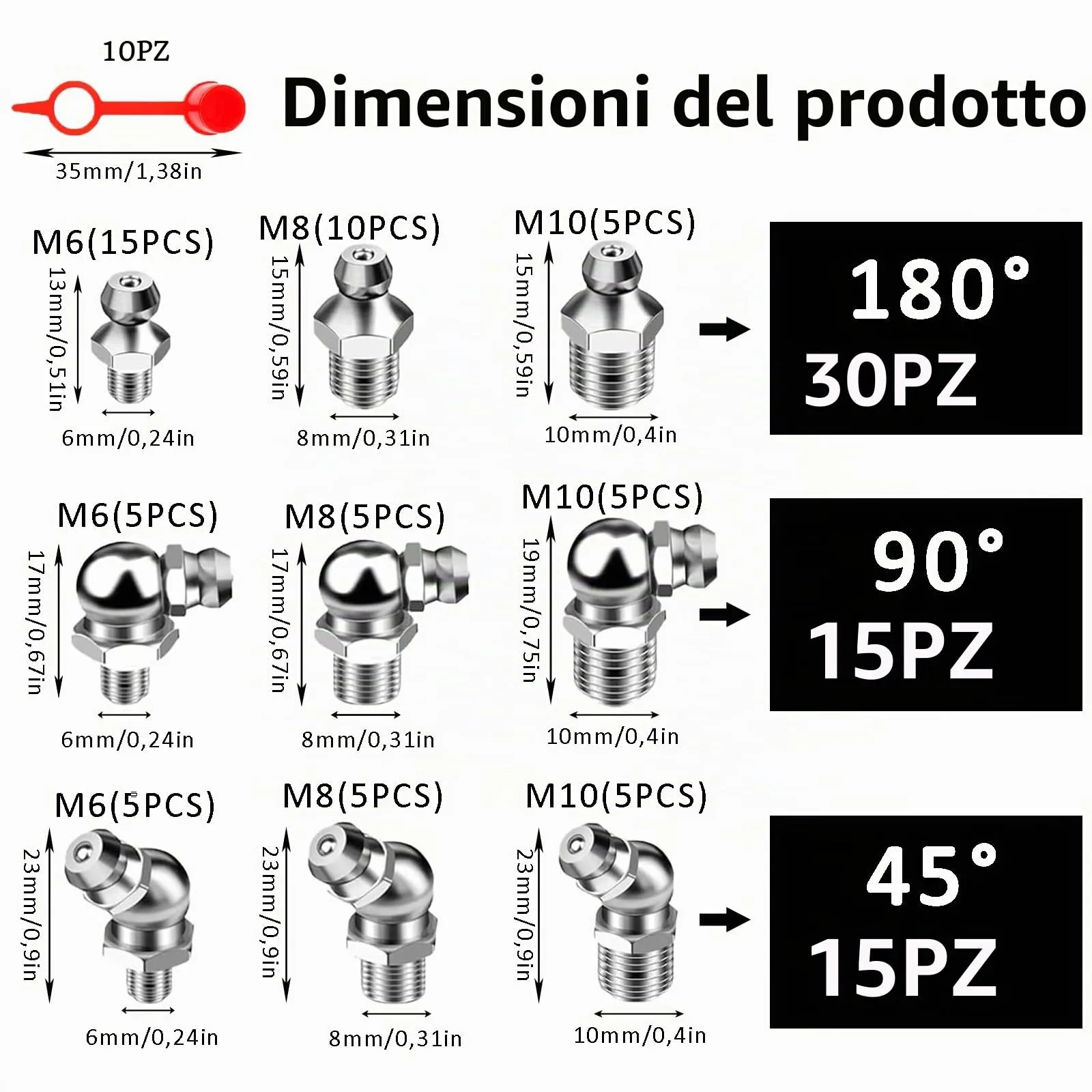 YUNXCNA Set di Ingrassatori M6 M8 M10, 60 Pezzi Raccordi in Metallo Dritti e Angolati 45° 90°, 10 Tappi per Ingrassaggio - immagine 2