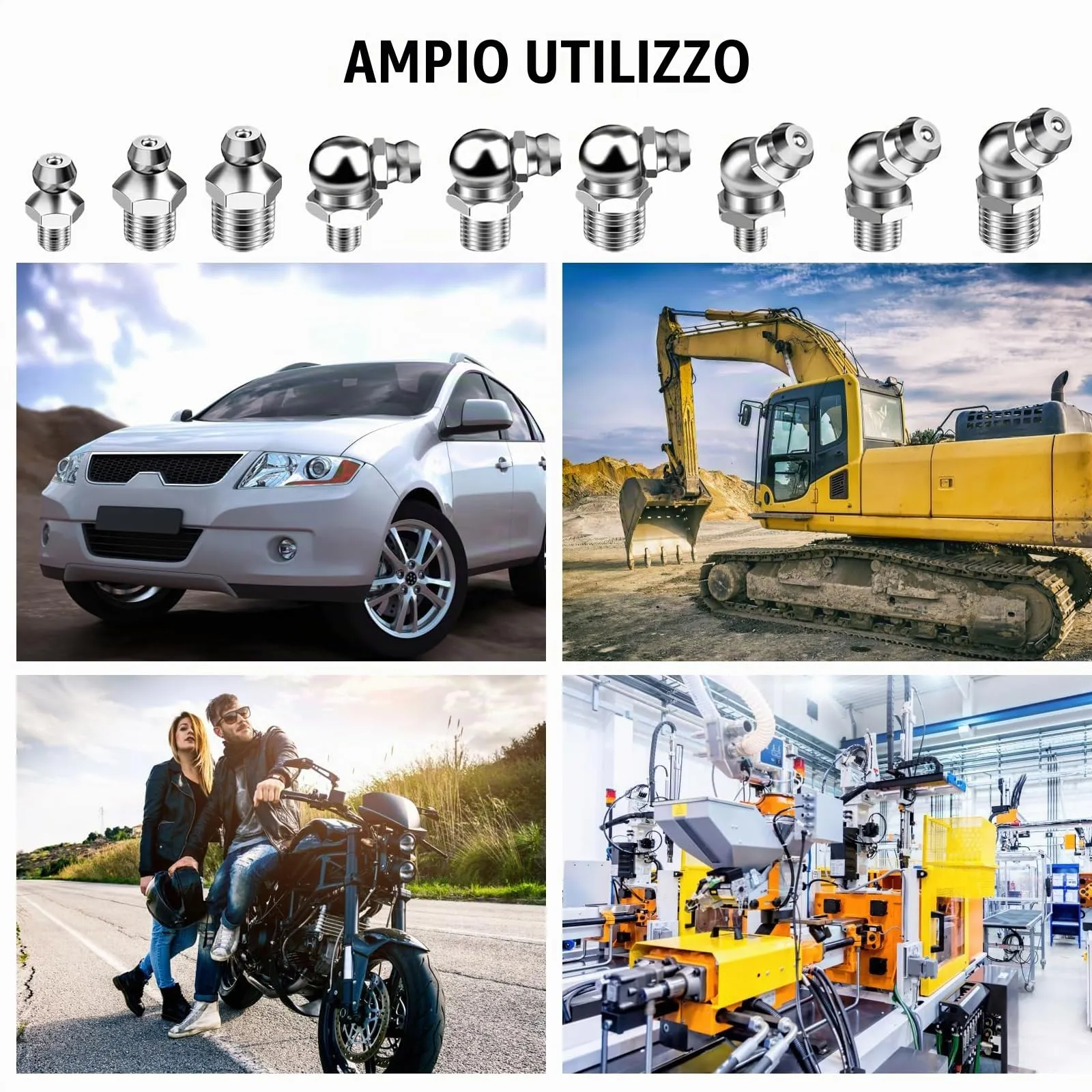 YUNXCNA Set di Ingrassatori M6 M8 M10, 60 Pezzi Raccordi in Metallo Dritti e Angolati 45° 90°, 10 Tappi per Ingrassaggio - immagine 3